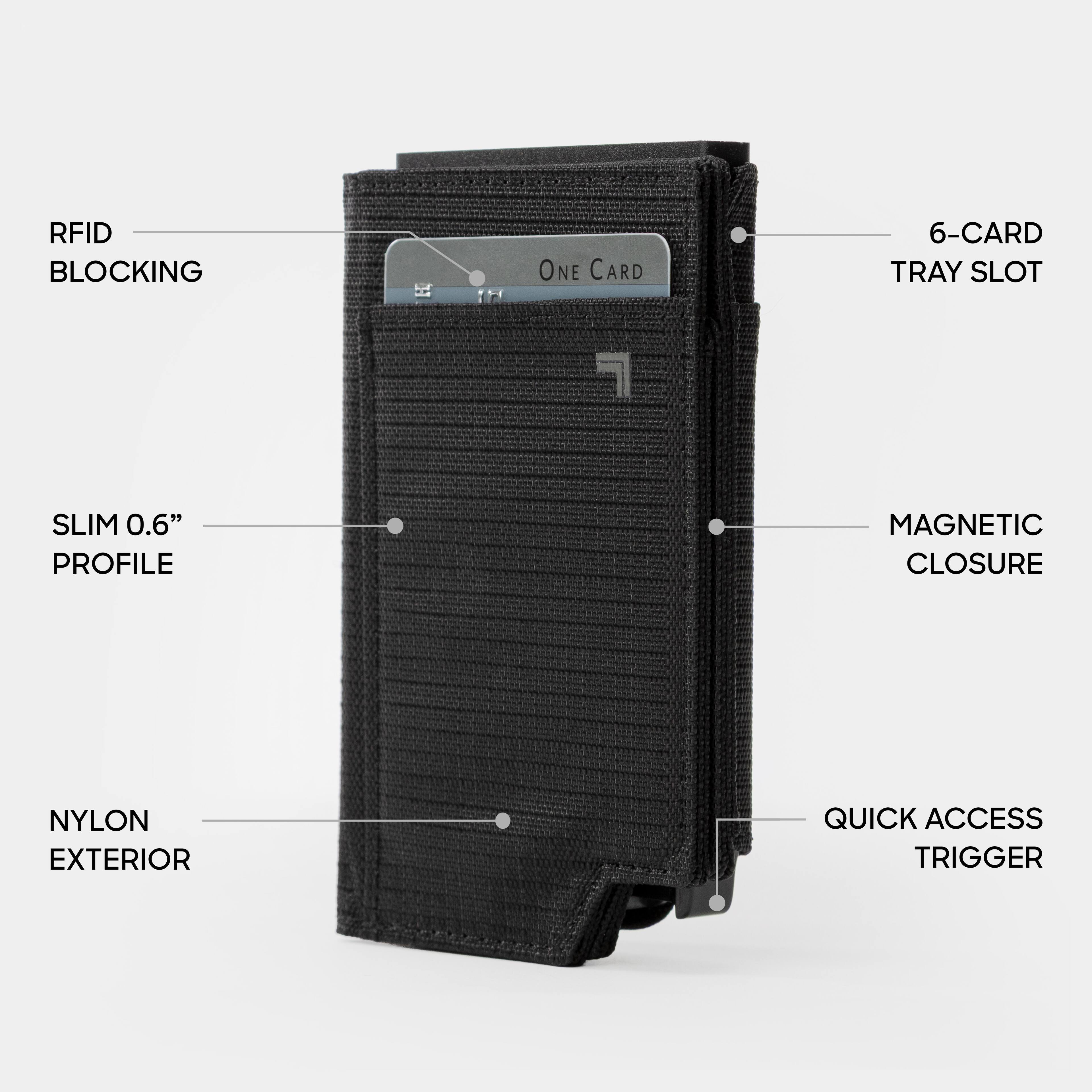 RFID BLOCKING ONE CARD 6-CARD TRAY SLOT SLIM 0.6" PROFILE MAGNETIC CLOSURE NYLON EXTERIOR QUICK ACCESS TRIGGER