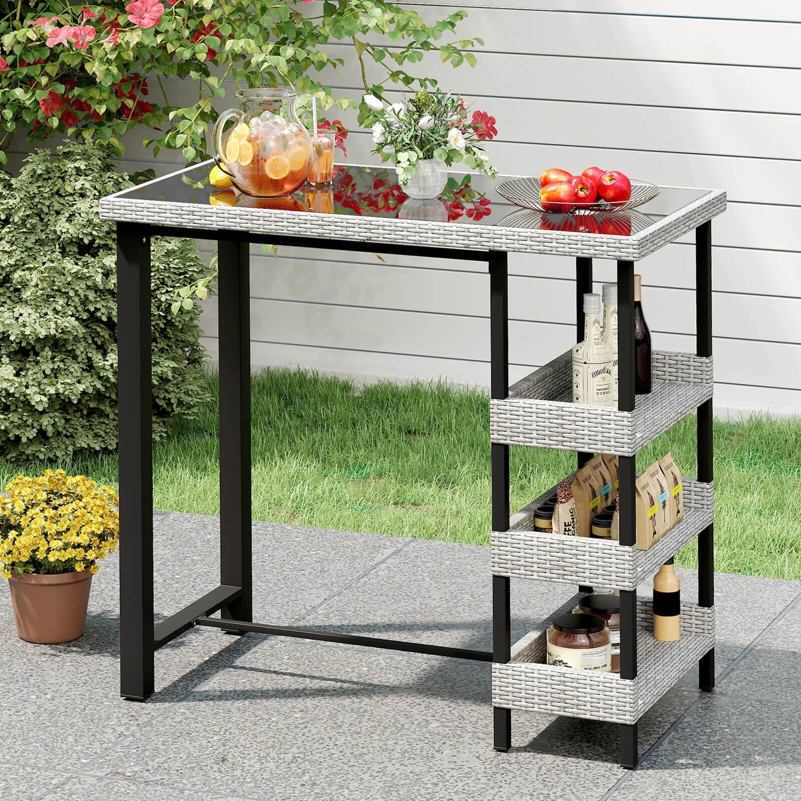 Alt View 4. Costway - Costway 43.5" Outdoor Bar Table with Tempered Glass Top & 3 Rattan Shelves Storage - Gray.