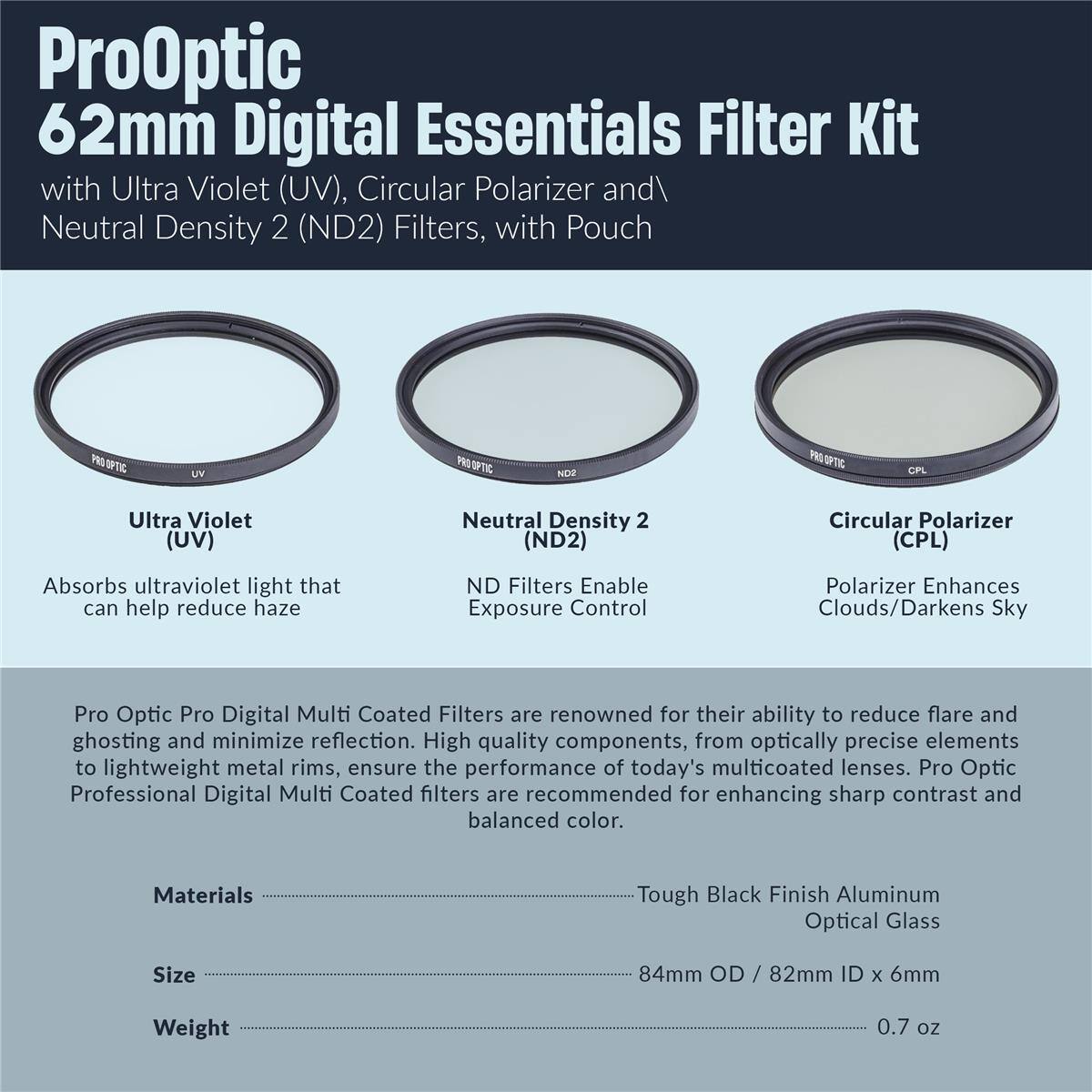 ProOptic 62mm Digital Essentials Filter Kit with Ultra Violet (UV), Circular Polarizer and Neutral Density 2 (ND2) Filters, with Pouch

UV OPTIC NDZ T Ultra Violet (UV) Neutral Density 2 (ND2) Circular Polarizer (CPL)

- Absorbs ultraviolet light that can help reduce haze
- ND Filters Enable Exposure Control
- Polarizer Enhances Clouds/Darkens Sky

Pro Optic Pro Digital Multi Coated Filters are renowned for their ability to reduce flare and ghosting and minimize reflection. High quality components, from optically precise elements to lightweight metal rims, ensure the performance of today's multicoated lenses. Pro Optic Professional Digital Multi Coated filters are recommended for enhancing sharp contrast and balanced color.

Materials: Tough Black Finish Aluminum Optical Glass

Size: 84mm OD / 82mm ID x 6mm

Weight: 0.7 oz