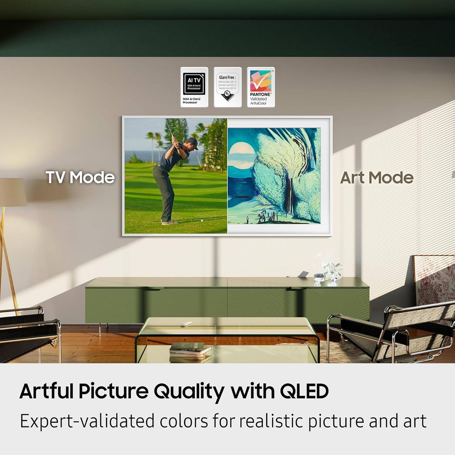 AI TV - arand POr SareFee - PANTONE Validated VCMM TV Mode Art Mode Artful Picture Quality with QLED Expert-validated colors for realistic picture and art

TV Mode

Art Mode

Artful Picture Quality with QLED

Expert-validated colors for realistic picture and art