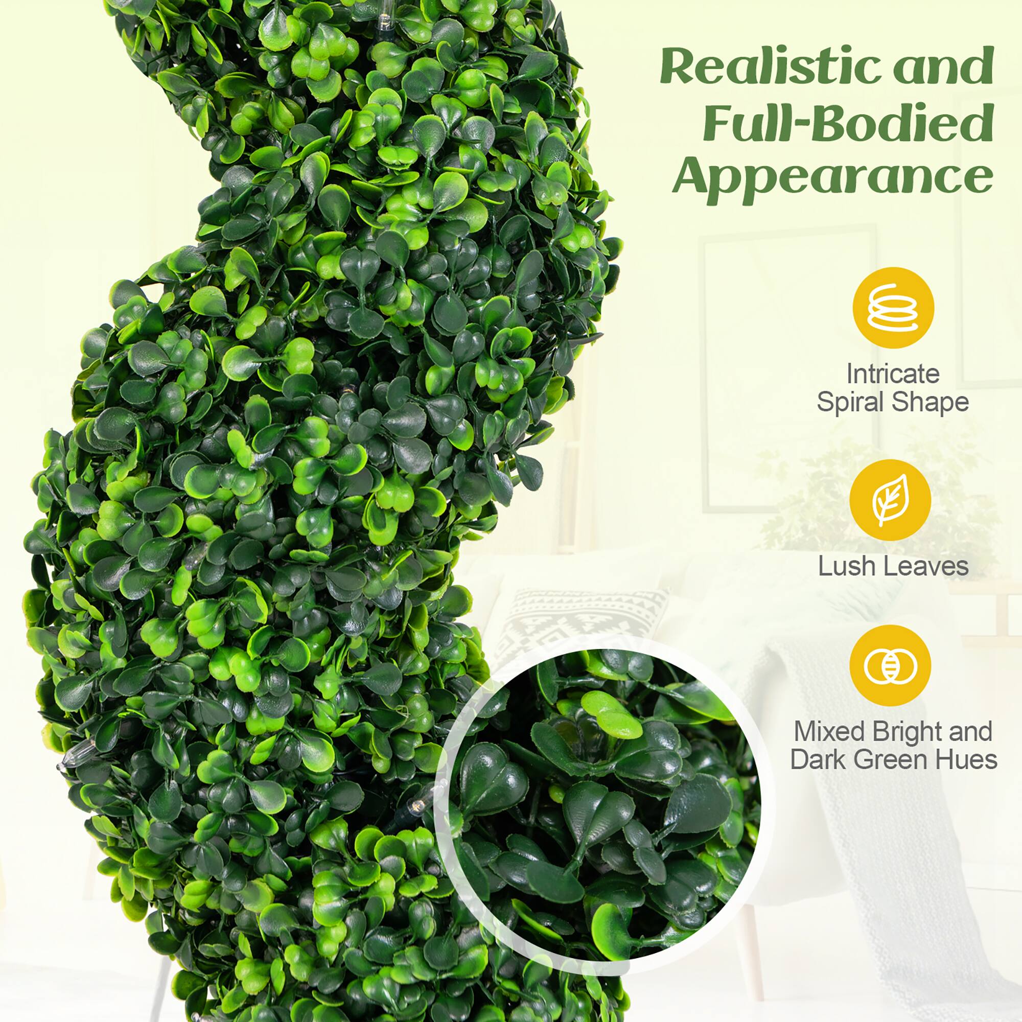 Realistic and Full-Bodied Appearance

- Intricate Spiral Shape
- Lush Leaves
- Mixed Bright and Dark Green Hues