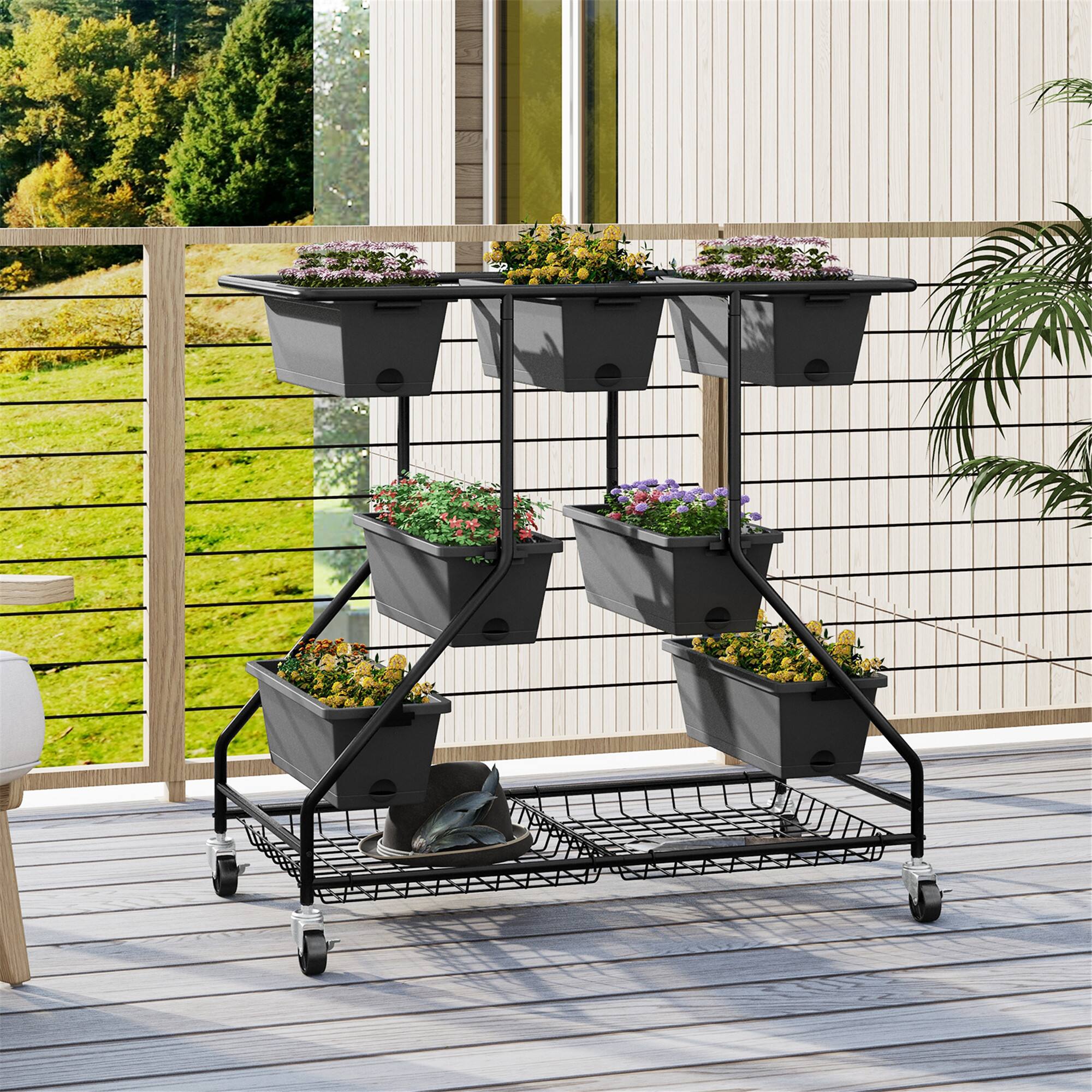 Alt View 4. Gymax - Gymax 3-tier Vertical Raised Garden Bed w/ 7 Planter Boxes Drainage Holes Storage Shelf - Grey, Black.