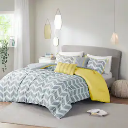 Hivvago - King / Cal King Reversible Comforter Set in Grey White Yellow Chevron Stripe - Grey ,White, Yellow