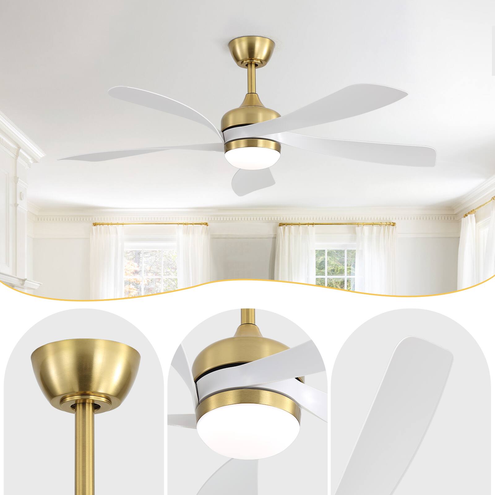 Alt View 4. Sofucor - 52'' Propeller Ceiling Fans with Integrated LED Light and Remote 6-Speed Quiet Reversible for Living Room Bedroom Patio - Gold White.