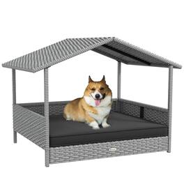 Pawhut - Wicker Dog House Outdoor, Canopy, Rattan Bed, Water-resistant Cushion, 66 lbs, 19.75", Silver Wicker, Cushion - Gray