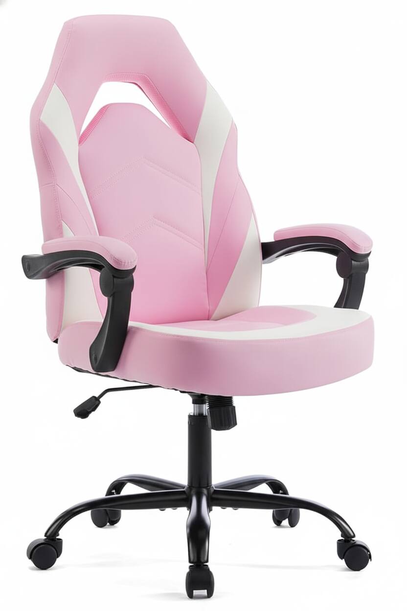 Angle. AOITUN - Ergonomic Pink Gaming Desk Chair for Daily Comfort - Ideal for Dorm or Home Office - White.