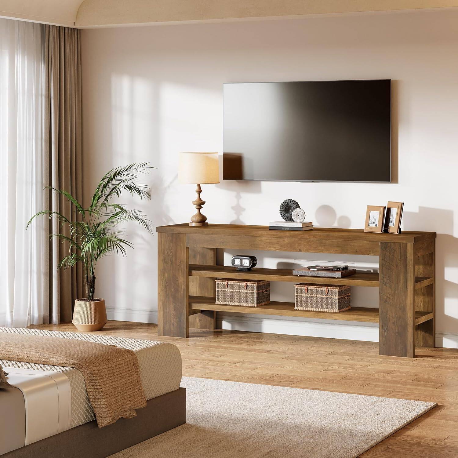 Left. Tribesigns - 47" TV Stand for TVs up to 55 Inches, Farmhouse Entertainment Center with 3-Tier Open Storage Shelves, Media Console Cab - Brown.