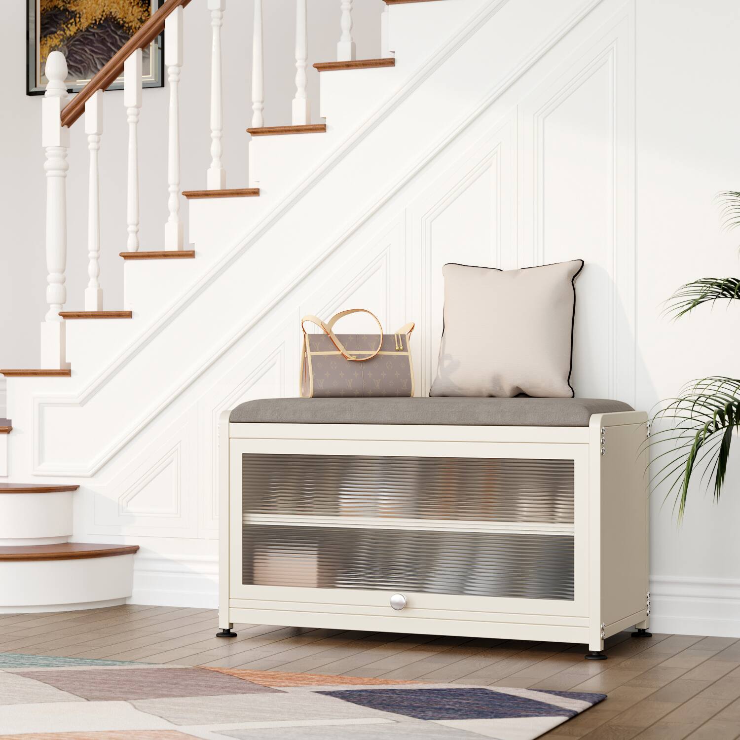 Alt View 3. Malletson - 3-Tier Shoe Storage Bench, Metal Shoe Rack with Removable Seat Cushion, for Entranceways, Hallways and Bedrooms - White.