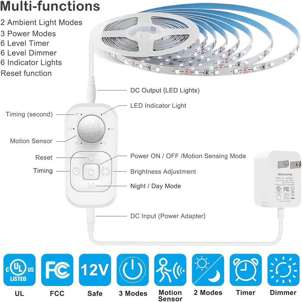 Multi-functions  
- 2 Ambient Light Modes  
- 3 Power Modes  
- 6 Level Timer  
- 6 Level Dimmer  
- 6 Indicator Lights  
- Reset function  

DC Output (LED Lights)  
LED Indicator Light  
Timing (second)  
Motion Sensor  
Reset  
Timing  
Power ON / OFF / Motion Sensing Mode  
Brightness Adjustment  
Night / Day Mode  
DC Input (Power Adapter)  

UL US LISTED  
FCC  
12V  
Safe  
3 Modes  
Motion Sensor  
2 Modes  
Timer  
Dimmer  

UL  
FCC  
Safe  
3 Modes  
Motion Sensor  
2 Modes  
Timer  
Dimmer