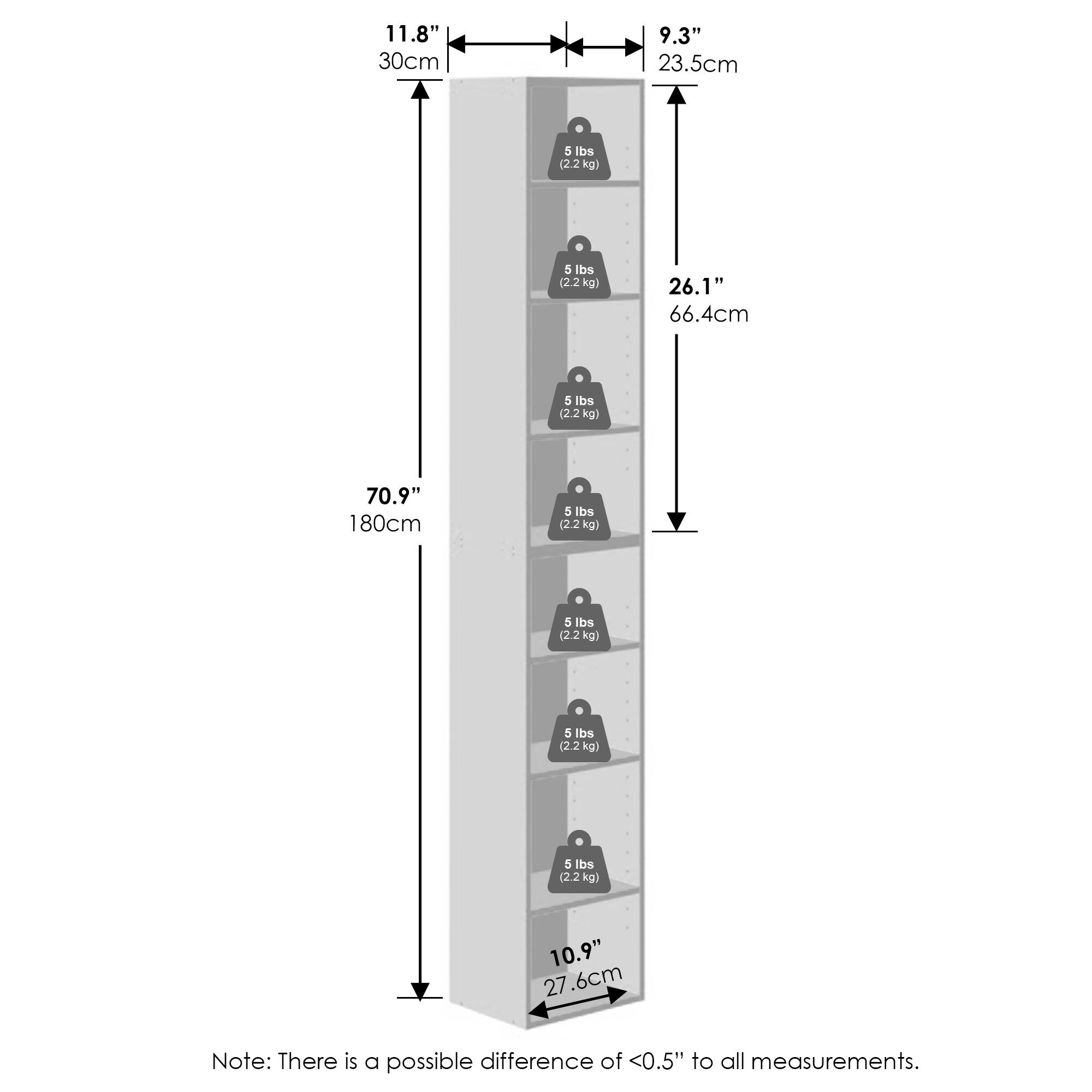 11.8" (30cm)  
9.3" (23.5cm)  
26.1" (66.4cm)  
70.9" (180cm)  
10.9" (27.6cm)  

5 lbs (2.2 kg)  
5 lbs (2.2 kg)  
5 lbs (2.2 kg)  
5 lbs (2.2 kg)  
5 lbs (2.2 kg)  

Note: There is a possible difference of <0.5" to all measurements.