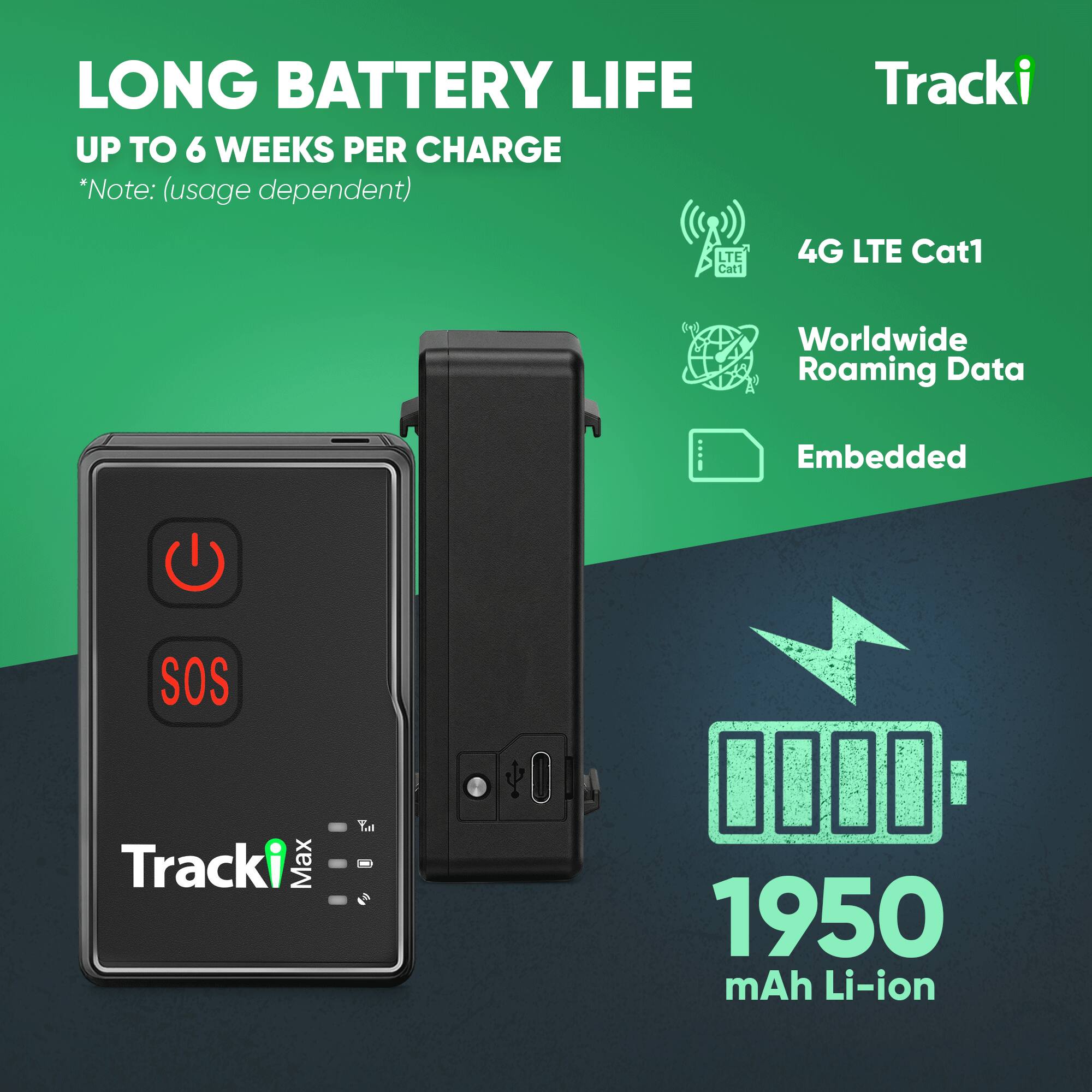 LONG BATTERY LIFE UP TO 6 WEEKS PER CHARGE *Note: (usage dependent)

Tracki

4G LTE Cat1

Worldwide Roaming Data

Embedded

SOS

Tracki Max

1950 mAh Li-ion