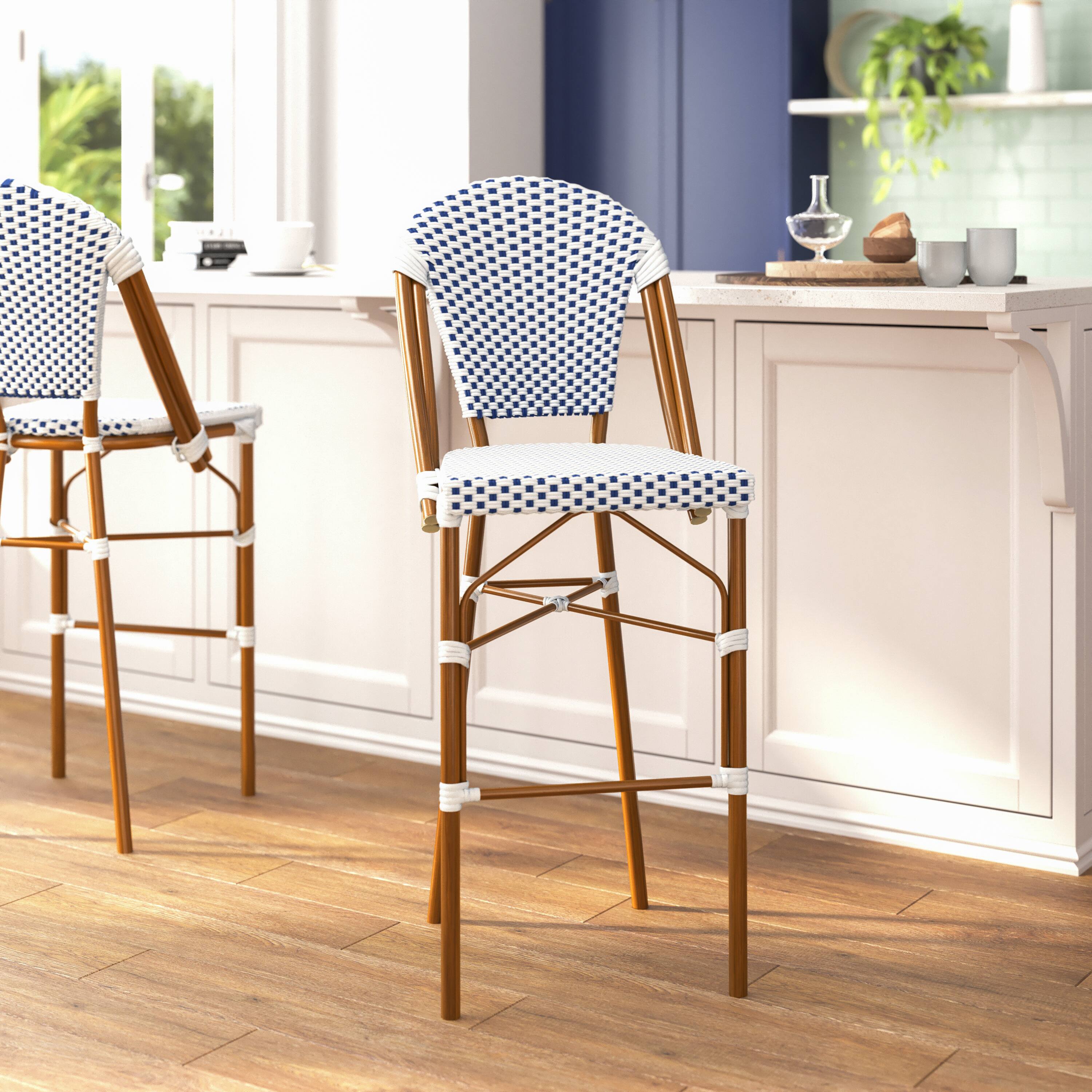 Alt View 3. Flash Furniture - Lourdes Set of 2 Stackable Indoor/Outdoor Bistro 30" High Barstools, Commercial Grade, White/Navy and Bamboo Finish - Blue.
