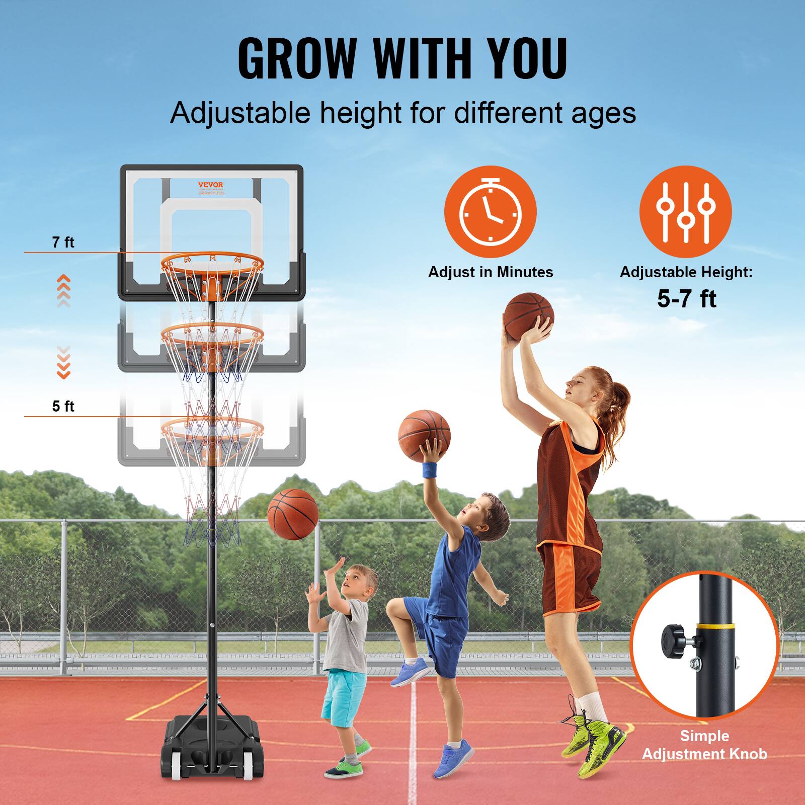 GROW WITH YOU | Adjustable height for different ages | VEVOR | Adjustable Height: 5-7 ft | 5ft | Adjust in Minutes | Simple Adjustment Knob
