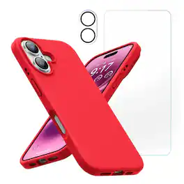 Bundle - Entronix - for iPhone 17 - Silicone Case, Screen Protector & Camera Lens Protector - Red