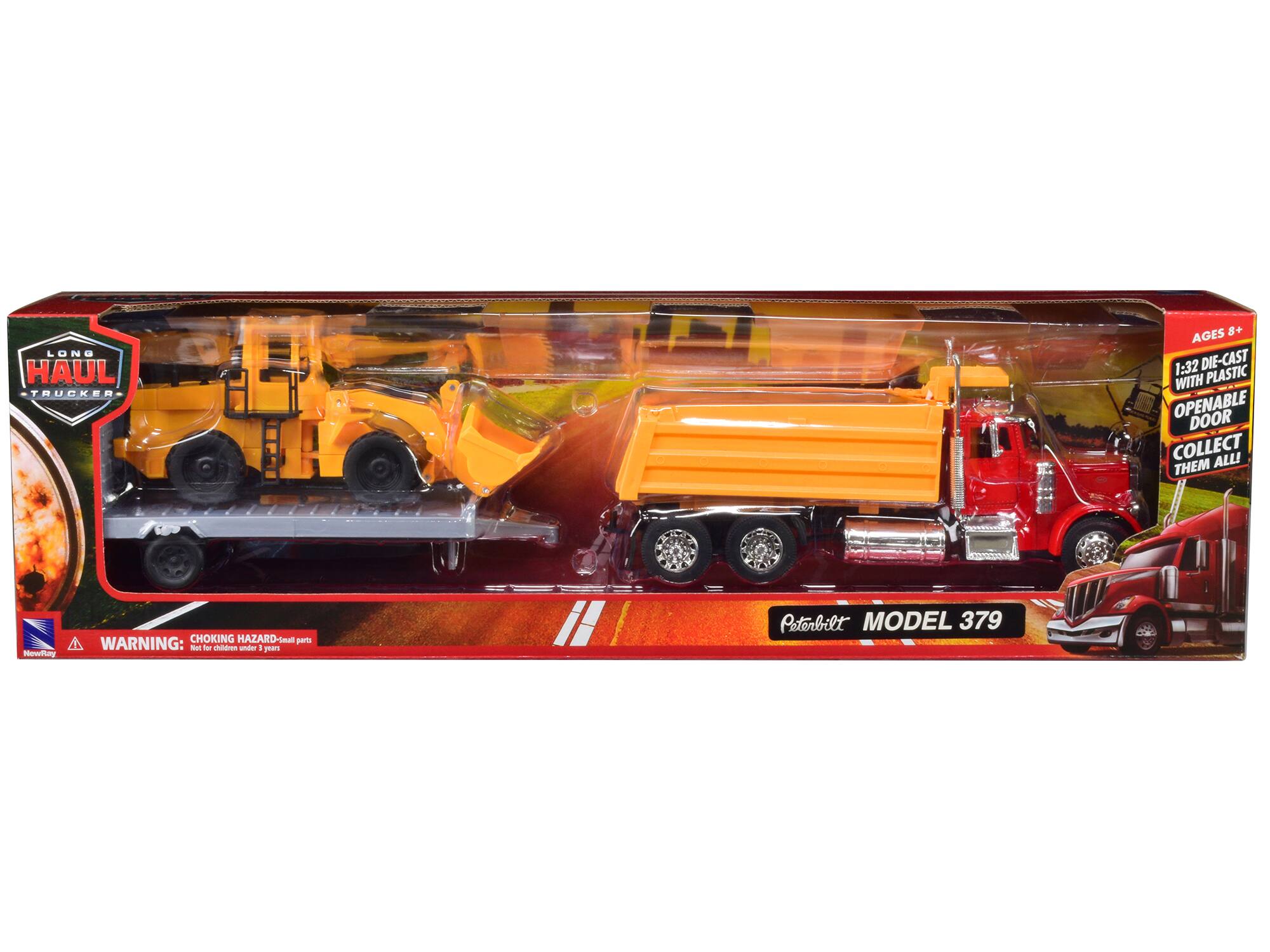 LONG HAUL TRUCKER AGES + 1:32 DIE-CAST WITH PLASTIC OPENABLE DOOR COLLECT ALL! HOW TOY CHOKING HAZARD - WARNING: Small parts. Not for children under 3 years. Peterbilt MODEL 379
