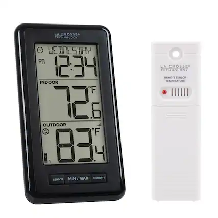 LA CROSSE TECHNOLOGY
WEDNESDAY PM 12:34
INDOOR 72°F 6
OUTDOOR 83°F 4
MIN / MAX HUMIDITY
SENSOR
LA CROSSE TECHNOLOGY REMOTE SENSOR TEMPERATURE
