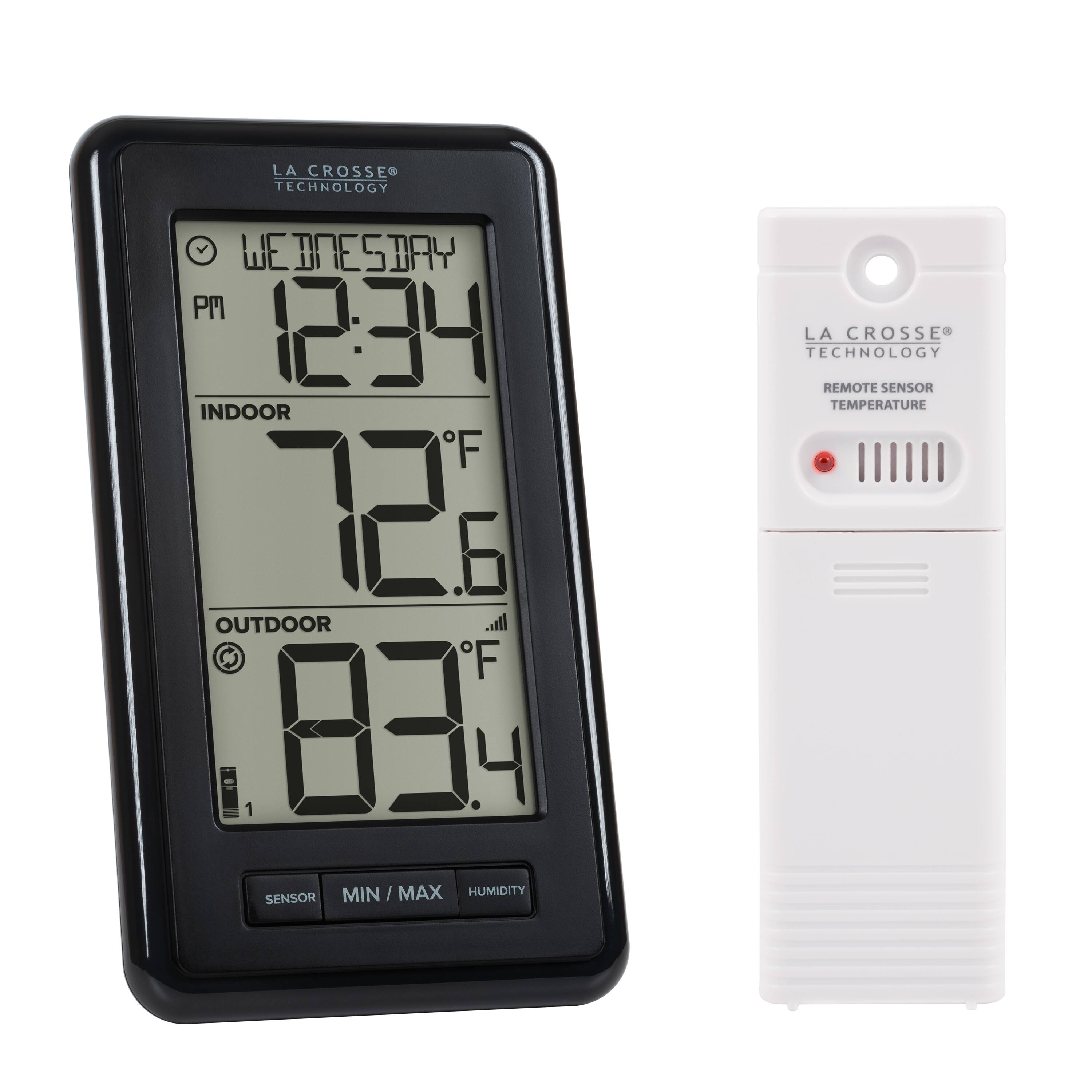 LA CROSSE TECHNOLOGY  
WEDNESDAY PM 12:34  
INDOOR 72°F 6  
OUTDOOR 83°F 4  
MIN / MAX HUMIDITY  
SENSOR  
LA CROSSE TECHNOLOGY REMOTE SENSOR TEMPERATURE