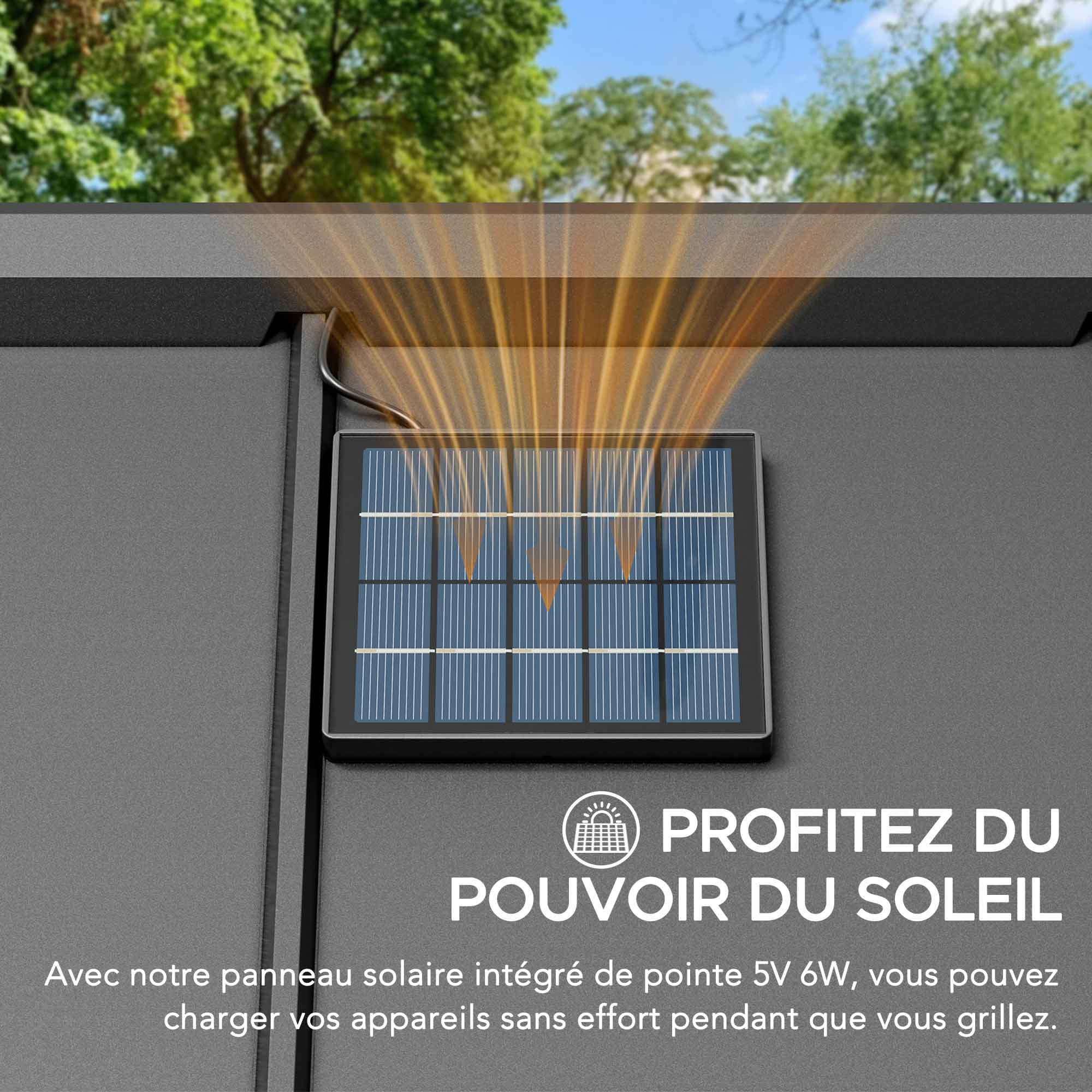PROFITEZ DU POUVOIR DU SOLEIL

Avec notre panneau solaire intégré de pointe 5V 6W, vous pouvez charger vos appareils sans effort pendant que vous grillez.