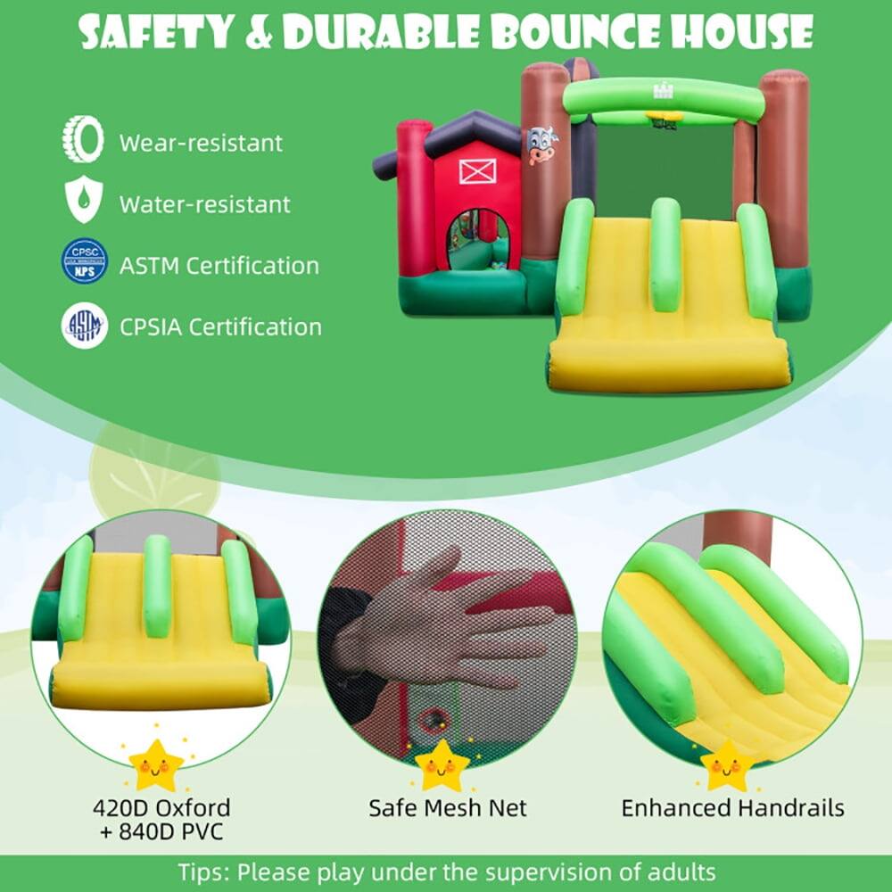 SAFETY & DURABLE BOUNCE HOUSE

- Wear-resistant
- Water-resistant
- ASTM Certification
- CPSIA Certification

420D Oxford + 840D PVC
Safe Mesh Net
Enhanced Handrails

Tips: Please play under the supervision of adults
