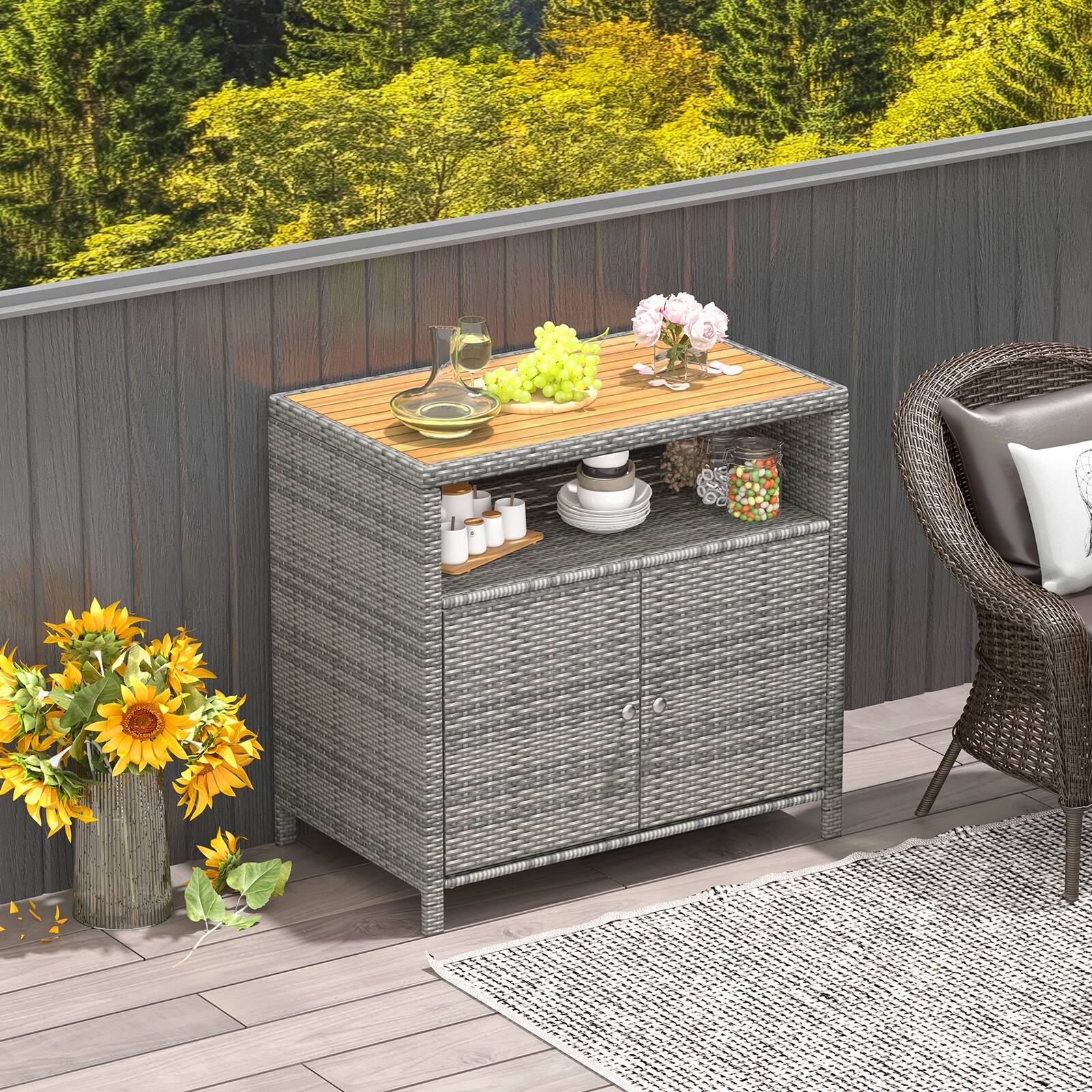 Alt View 1. Ecooso - Rattan Storage Cabinet Buffet Organizer with Acacia Wood Top for Patio or Poolside Use - Gray.