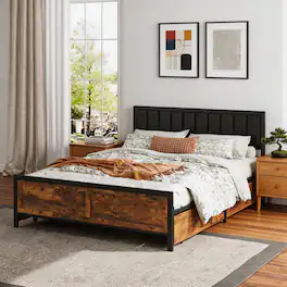 Dyonery - Upholstered Bed Frame with 4 Storage Drawers, Storage Bed wtih Headboard, Noise Free Slats, No Box Spring Needed - Brown