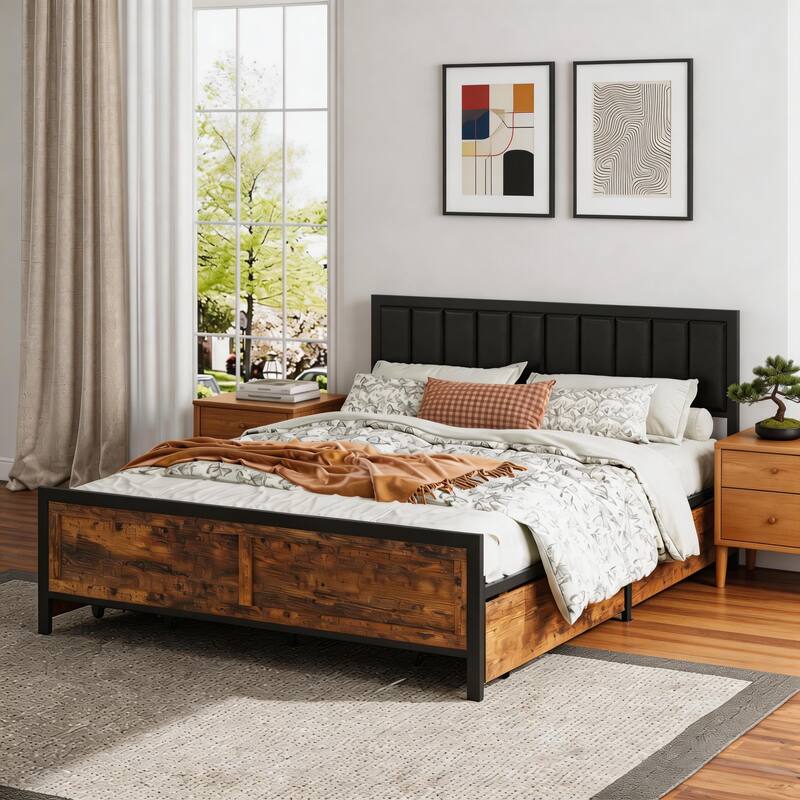 Front. Dyonery - Upholstered Bed Frame with 4 Storage Drawers, Storage Bed wtih Headboard, Noise Free Slats, No Box Spring Needed - Brown.