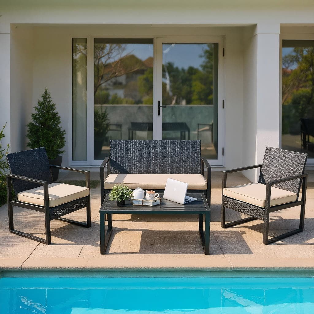 Kadyn - 4 Pieces Patio Rattan Furniture Set, Outdoor Furniture Garden Conversation Bistro Sets with Seat Cushions - Brown