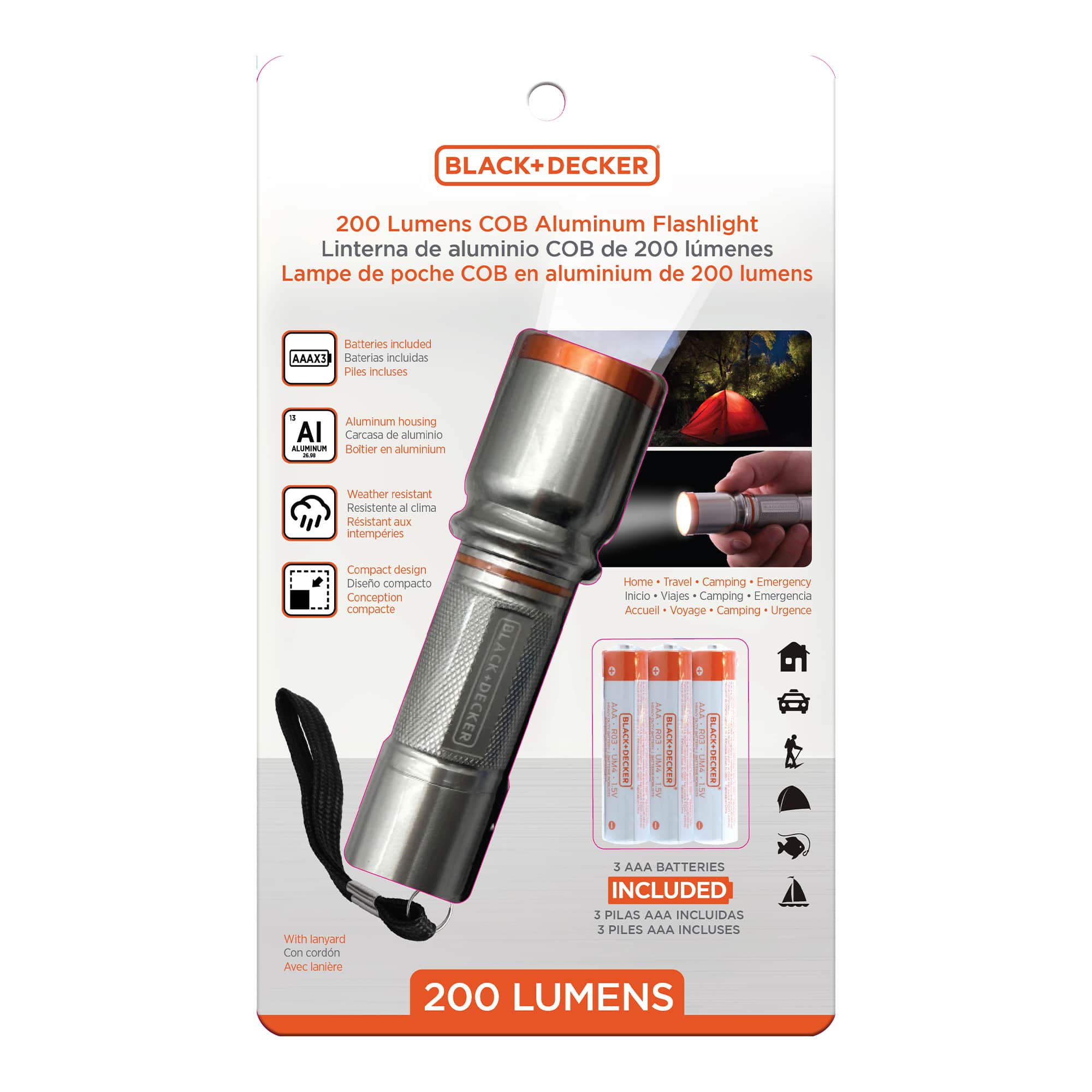 Black+Decker - 200 Lumen COB LED Aluminum Flashlight, Compact Weather-Resistant Pocket Light - Silver