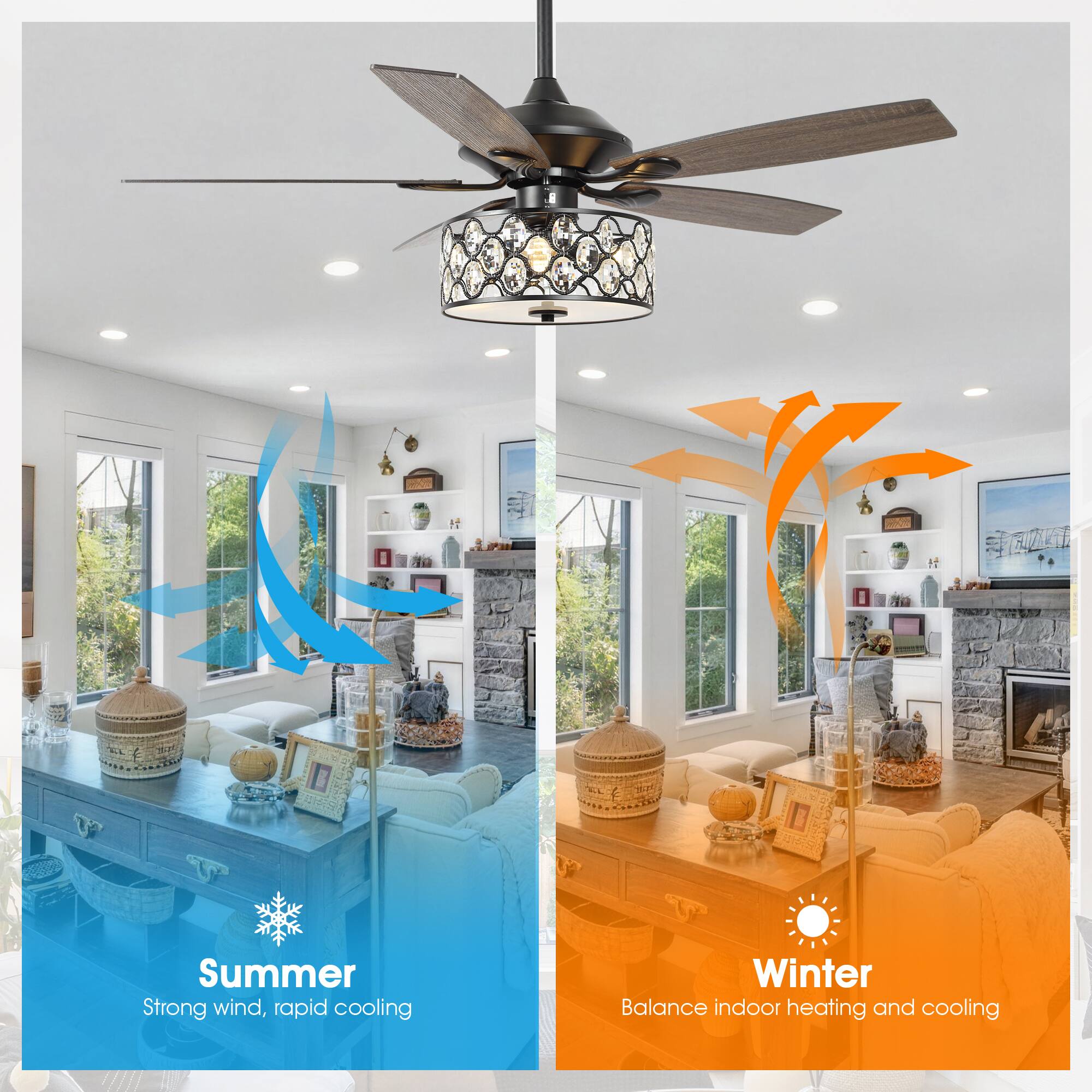 Summer  
Strong wind, rapid cooling  

Winter  
Balance indoor heating and cooling