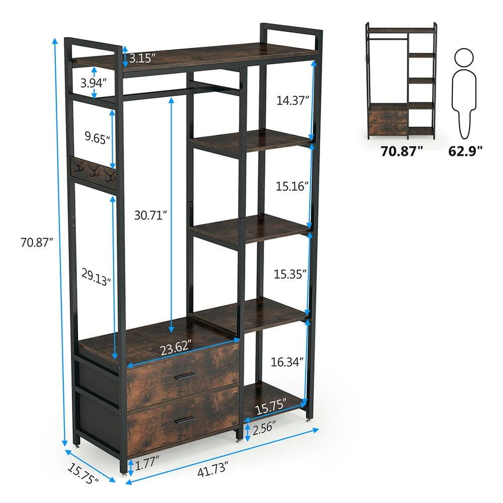 Height: 70.87", 62.9"
Width: 41.73"
Depth: 15.75"
Shelf 1: 15.35"
Shelf 2: 15.16"
Shelf 3: 9.65"
Shelf 4: 3.94"
Shelf 5: 3.15"
Drawer: 23.62"
Bottom shelf: 16.34"
Leg: 1.77"