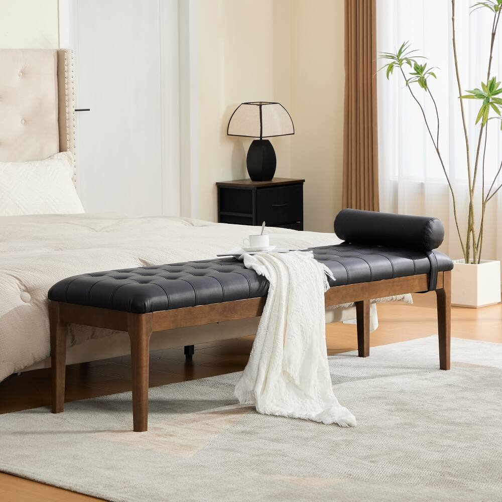 Left. Ropilly - Ropilly 66 Inch Black Faux Leather End of Bed Bench, Button Tufted Upholstered Entryway Shoe Bench with Wood Legs - Black.