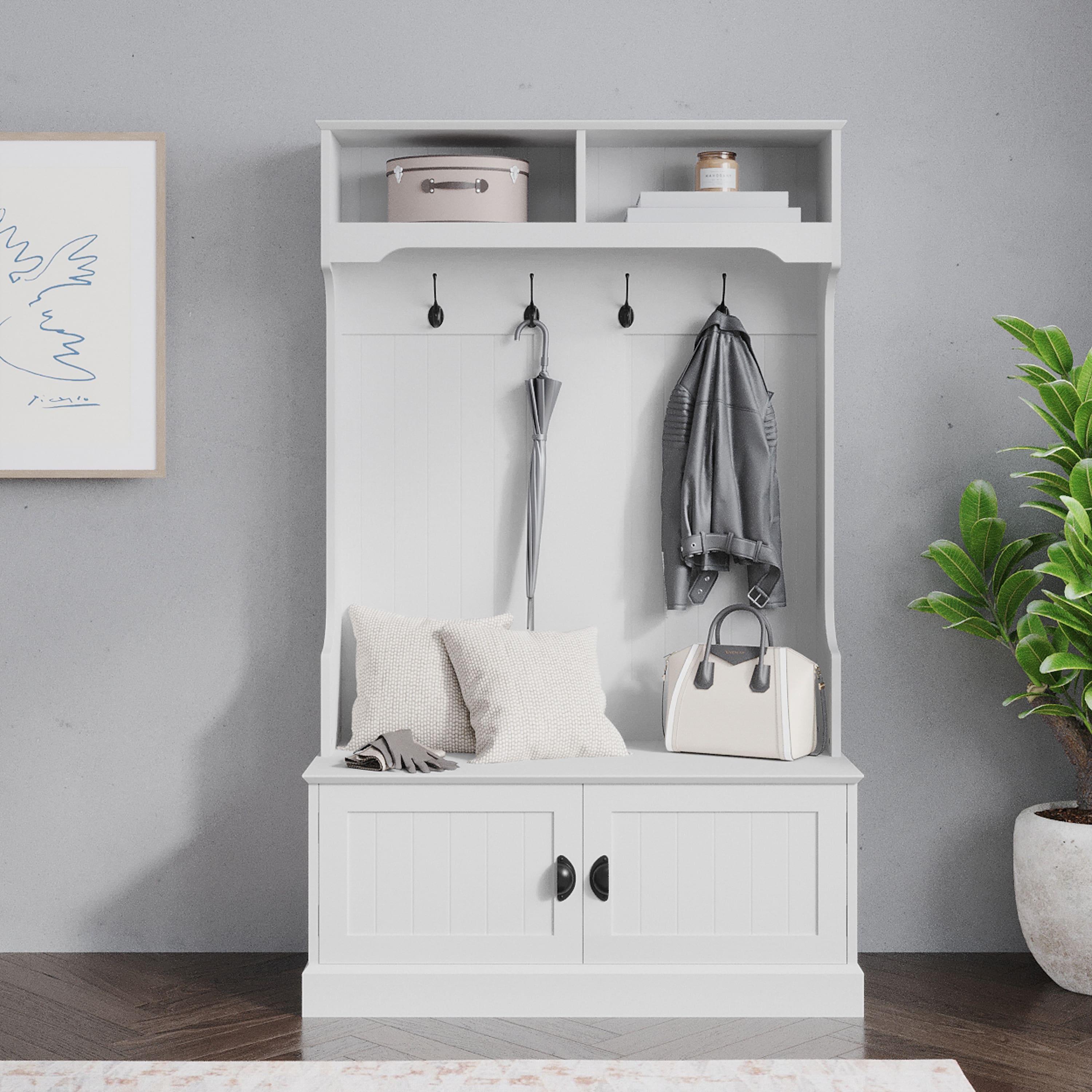 Emma + Oliver - Lindy Hallway Tree with Storage Bench, Coat Hooks, and Upper Storage Compartments - White
