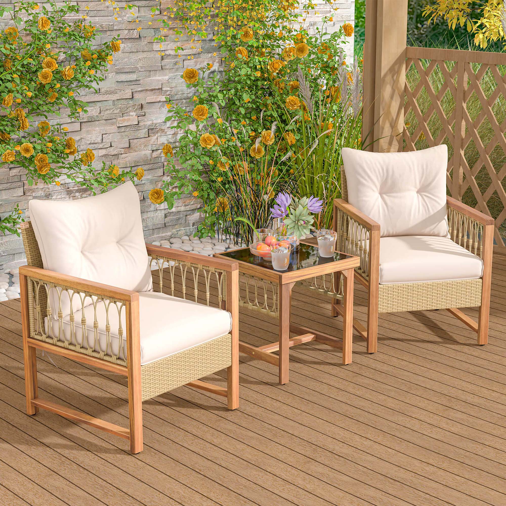 Alt View 1. Costway - 3 PCS Patio Furniture Set Outdoor PE Wicker Conversation Bistro Set - Light Brown,Beige.