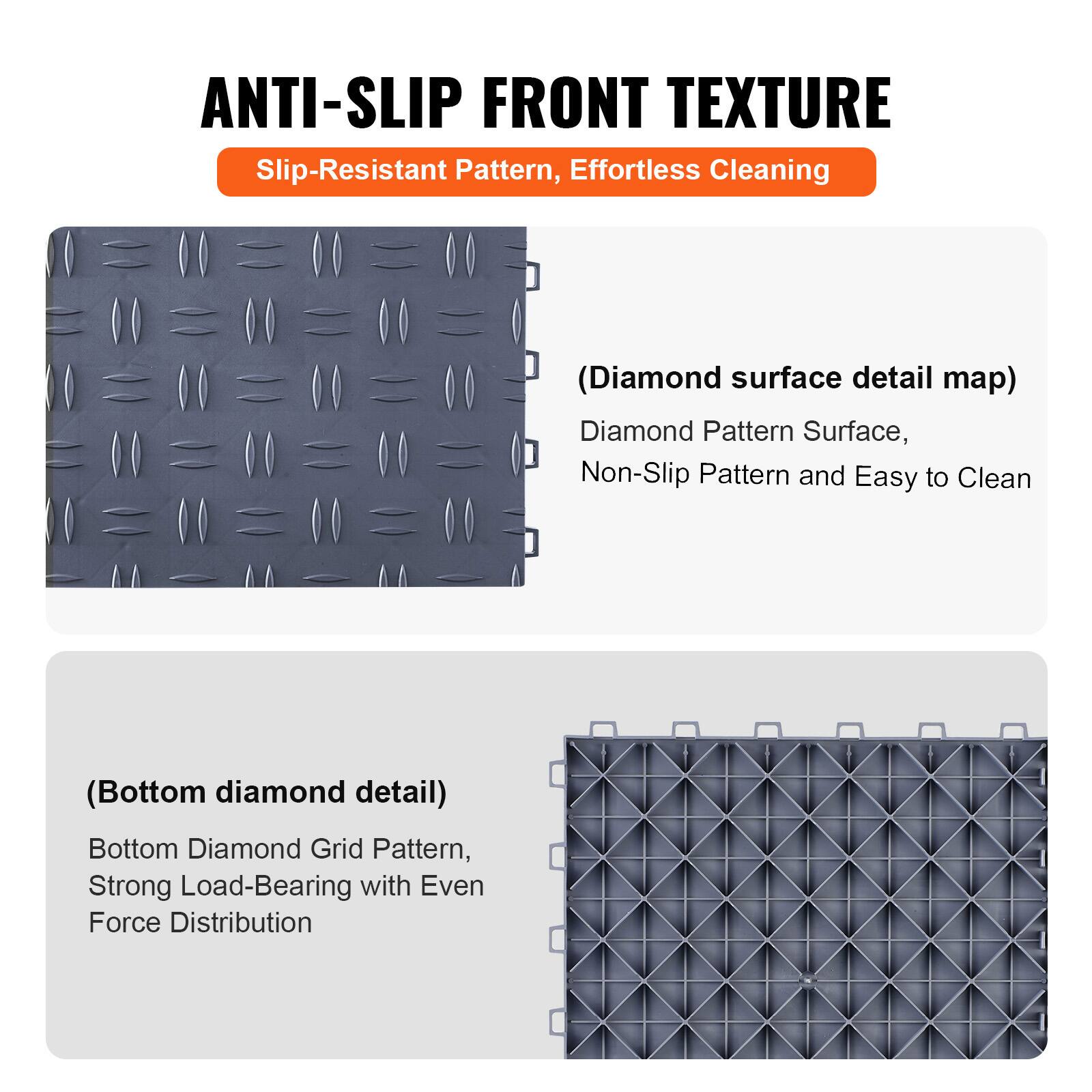 ANTI-SLIP FRONT TEXTURE  
Slip-Resistant Pattern, Effortless Cleaning  

(Diamond surface detail map)  
Diamond Pattern Surface, Non-Slip Pattern and Easy to Clean  

(Bottom diamond detail)  
Bottom Diamond Grid Pattern, Strong Load-Bearing with Even Force Distribution