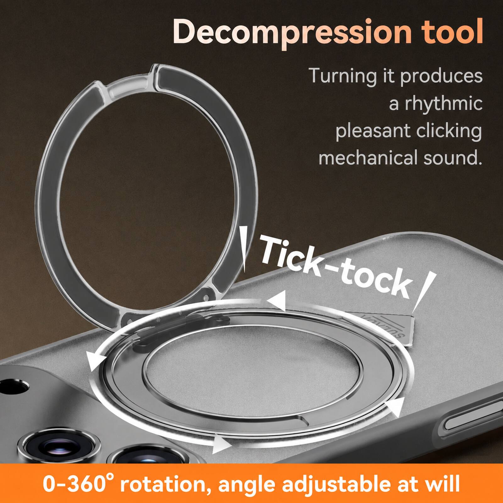 Decompression tool  
Turning it produces a rhythmic pleasant clicking mechanical sound.  
Tick-tock!  
0-360° rotation, angle adjustable at will