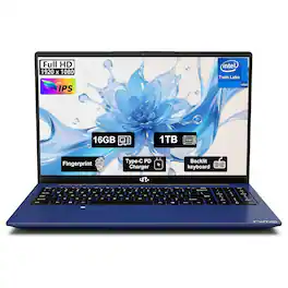 NIMO - 15.6" FHD IPS Student Laptop 16GB RAM 1TB SSD, 4 Cores 13th Gen Intel N150 3.6GHz Fingerprint Wi-Fi 6 - Blue