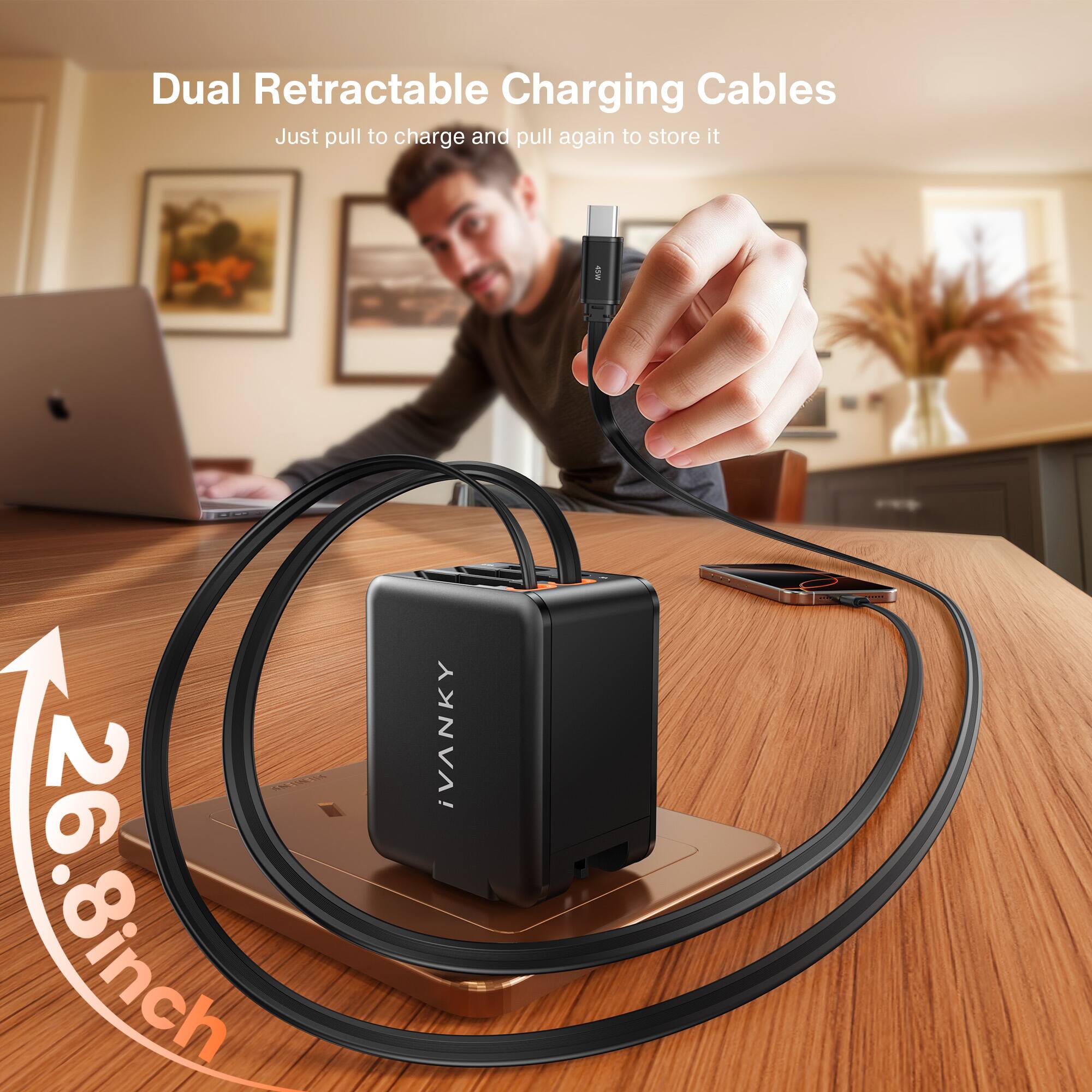 Dual Retractable Charging Cables, Just pull to charge and pull again to store it, 26.8 inch iVANKY