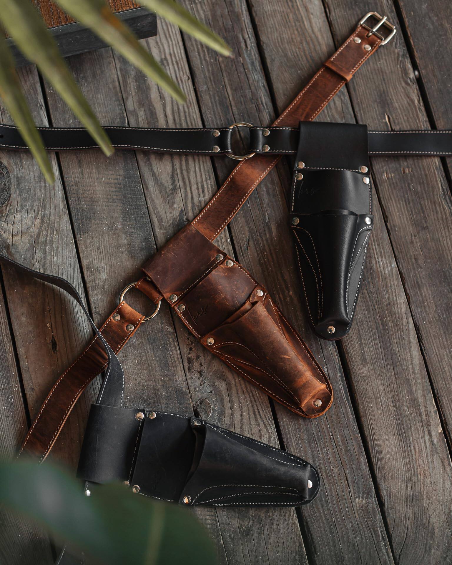 Back. JETRANSPORT - Hori Leather Sheath Belt With Pruner And Scissor Pockets. Personalized Florist Tool  Gardening 3 pocket - hand - Brown one size.