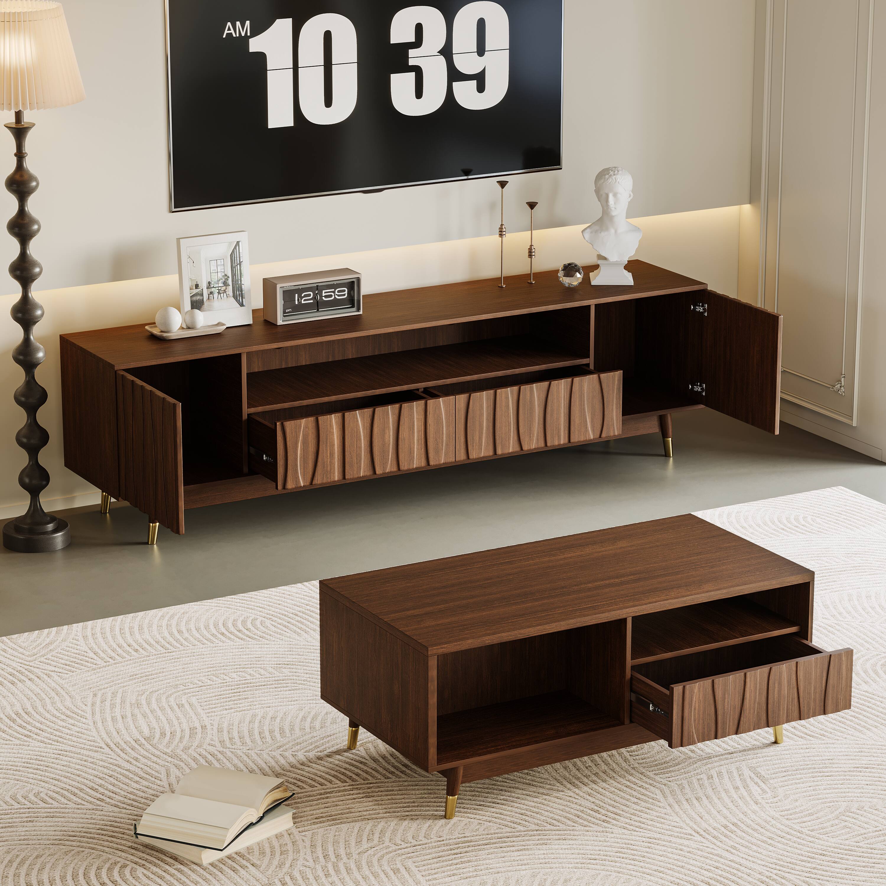 Alt View 1. MSOOB - Mid-Century Modern Entertainment Center with Storage and Drawer Wood TV Stand and Coffee Table Set Up to 85" TV - brown.