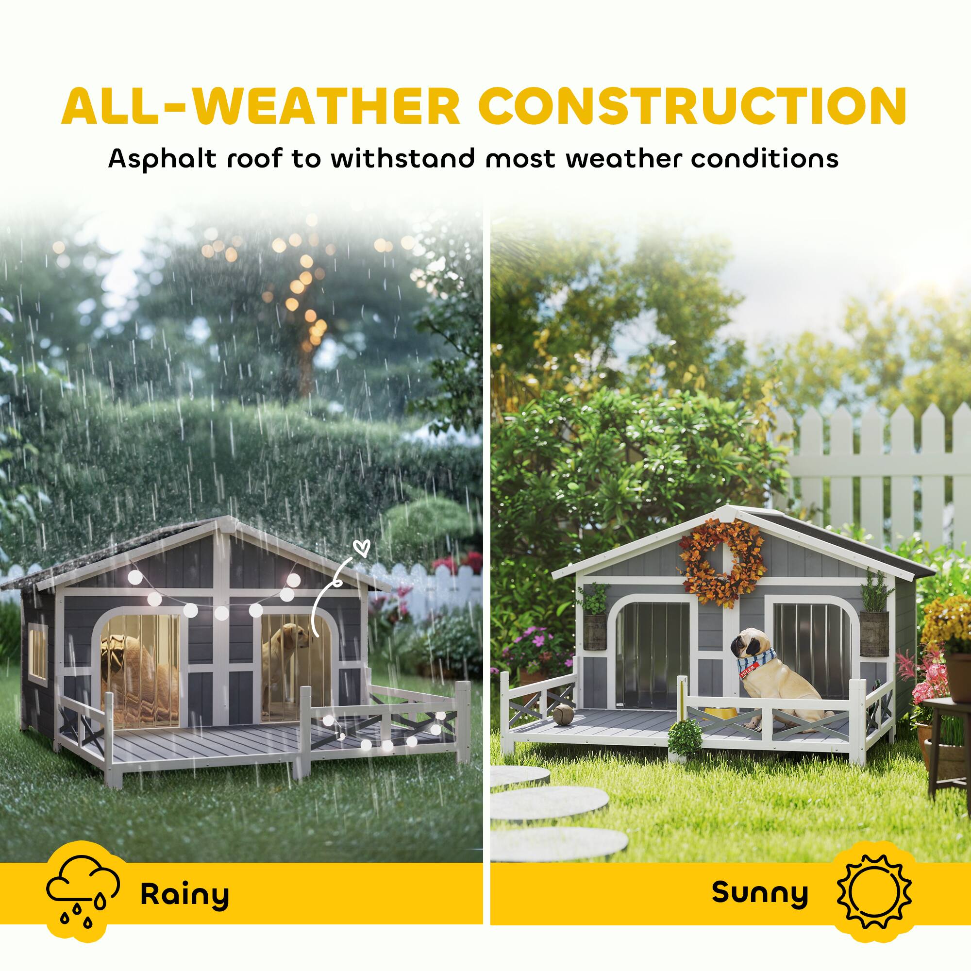 ALL-WEATHER CONSTRUCTION  
Asphalt roof to withstand most weather conditions  

Rainy  
Sunny