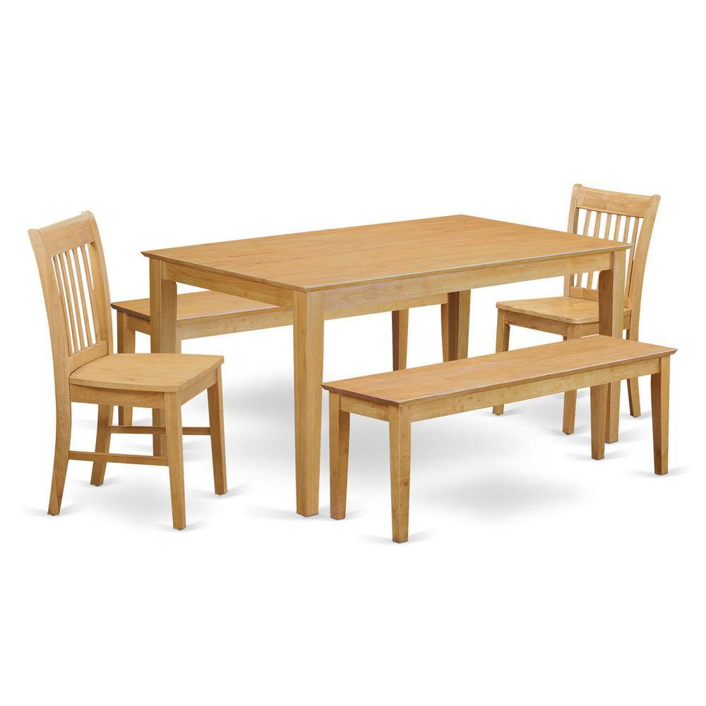 Front. East West Furniture - 5 PC Dining room set - Kitchen Table and 2 Dining Chairs and 2 Wooden benches - Oak.