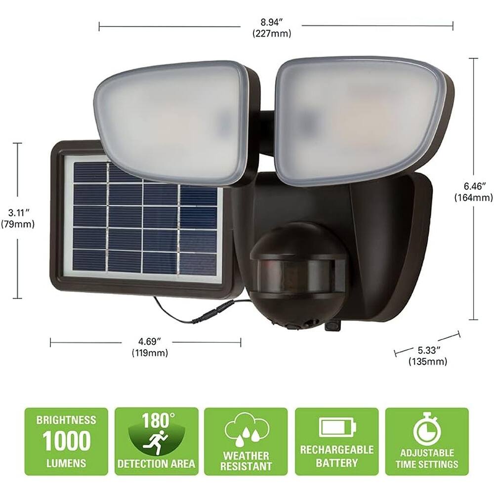 Sure, here is the corrected and grouped text from the image:

- **Dimensions:**
  - 8.94" (227mm)
  - 3.11" (79mm)
  - 6.46" (164mm)
  - 4.69" (119mm)
  - 5.33" (135mm)

- **Features:**
  - BRIGHTNESS 1000 LUMENS
  - 180° DETECTION AREA
  - WEATHER RESISTANT
  - RECHARGEABLE BATTERY
  - ADJUSTABLE TIME SETTINGS