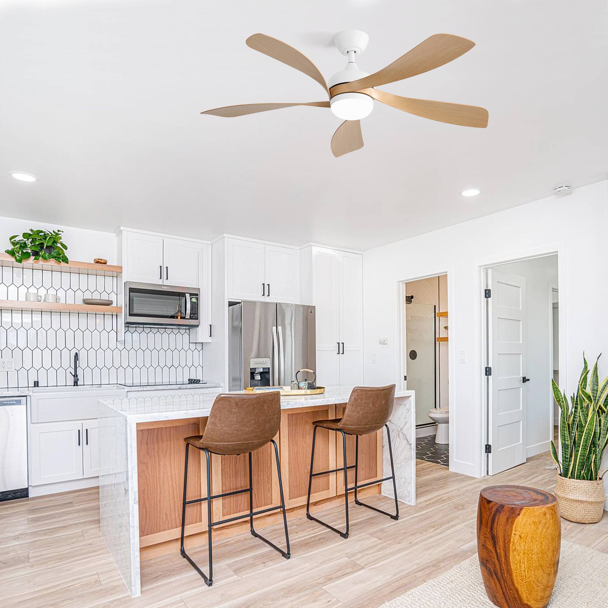 Alt View 1. Bestier - 52inch Modern Led Ceiling Fan With 3 Color Dimmable & 5 Blades, Reversible Ceiling Fan - Natural Wood.
