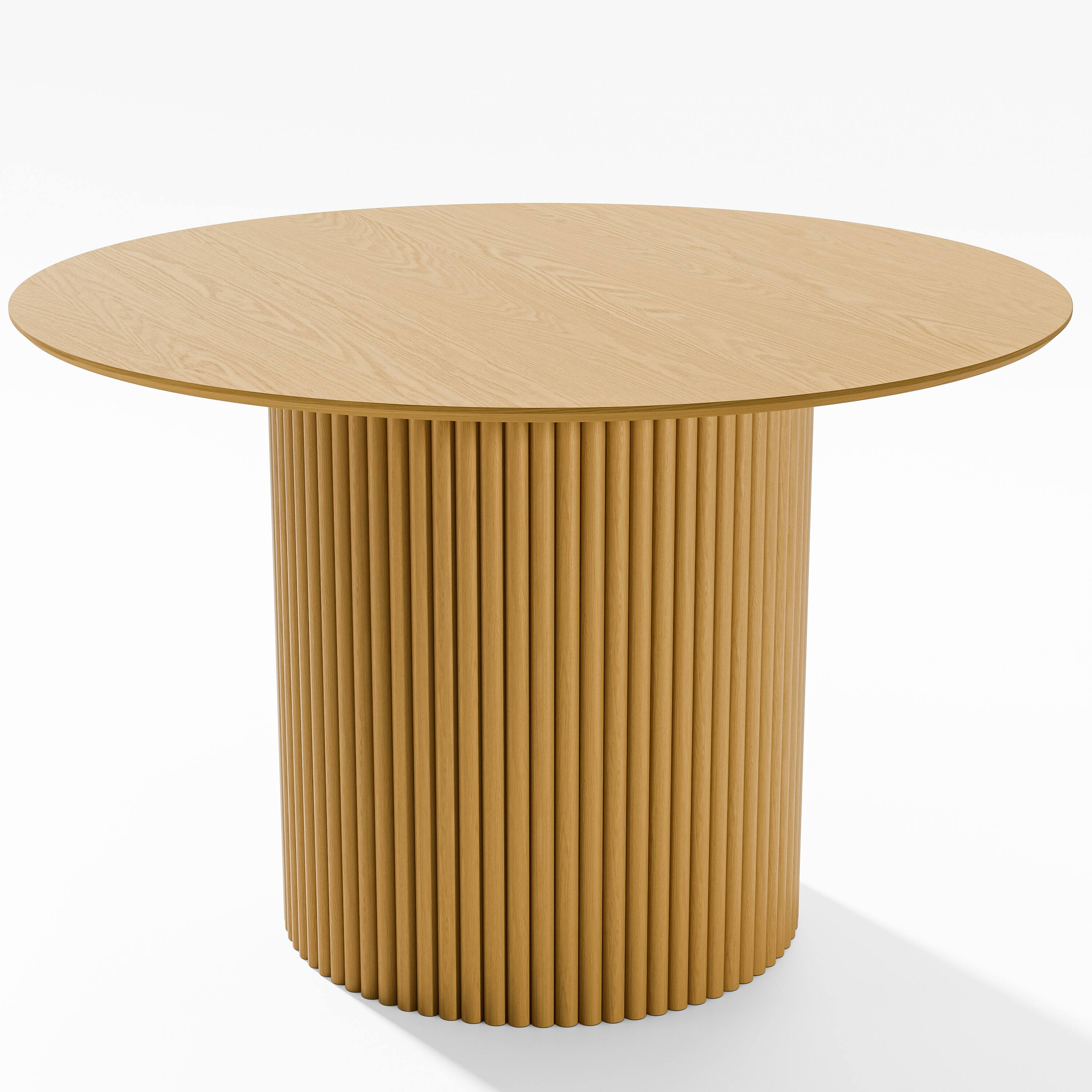 Angle. PexFix - Minimalist Farmhouse Beveled Edge Round Solid Oak 46 in. W Slim-Stripe Base Kitchen & Dining Table Seats 4 - Natural.