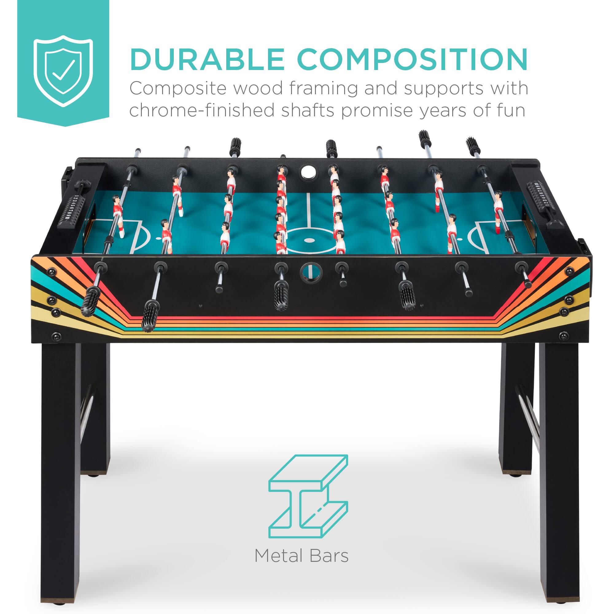 DURABLE COMPOSITION

Composite wood framing and supports with chrome-finished shafts promise years of fun.

Metal Bars