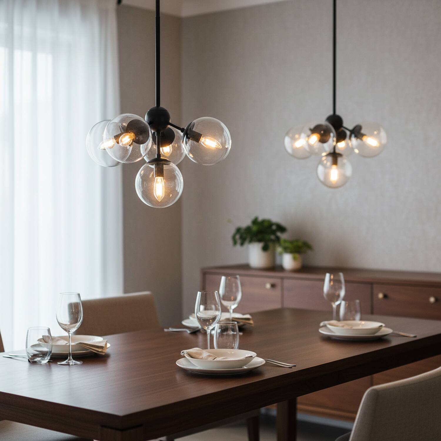 Alt View 2. Umeiluce - 5 Lights Modern Industrial Pendant Lights Clear Large Glass Shade - Matte Black.