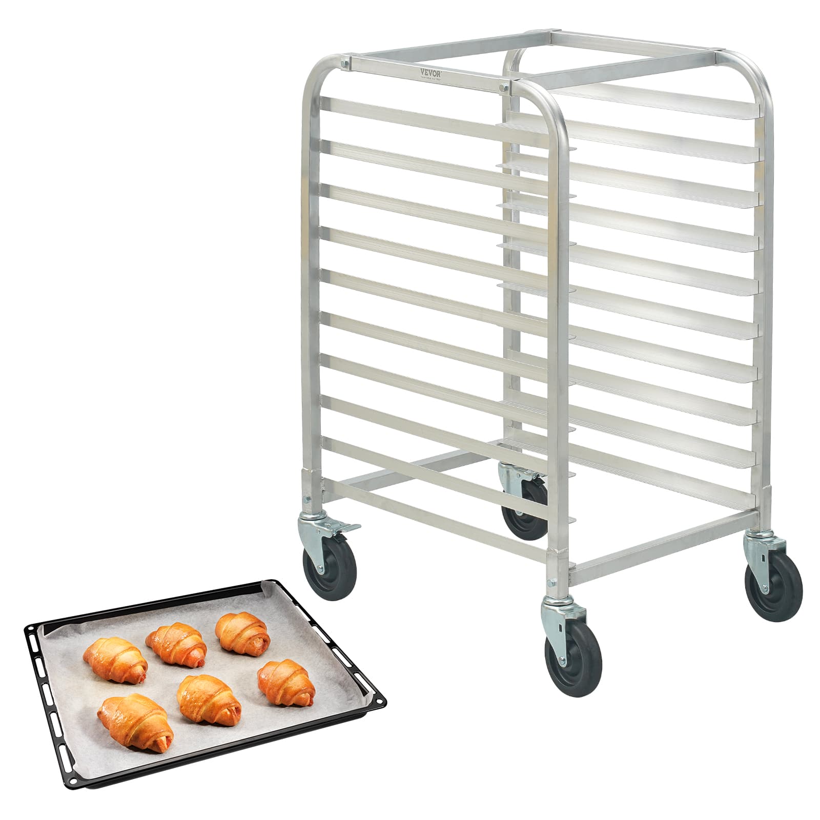 VEVOR - Bun Pan Rack, 10-Tier Commercial Bakery Racks with Brake Wheels, Aluminum Racking Trolley Storage - Silver