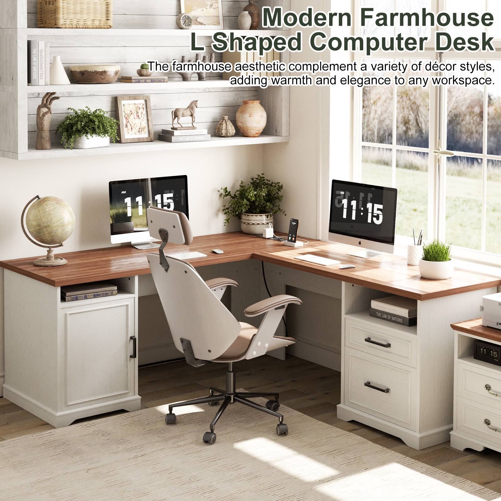 Modern Farmhouse L Shaped Computer Desk  
The farmhouse aesthetic complements a variety of décor styles, adding warmth and elegance to any workspace.