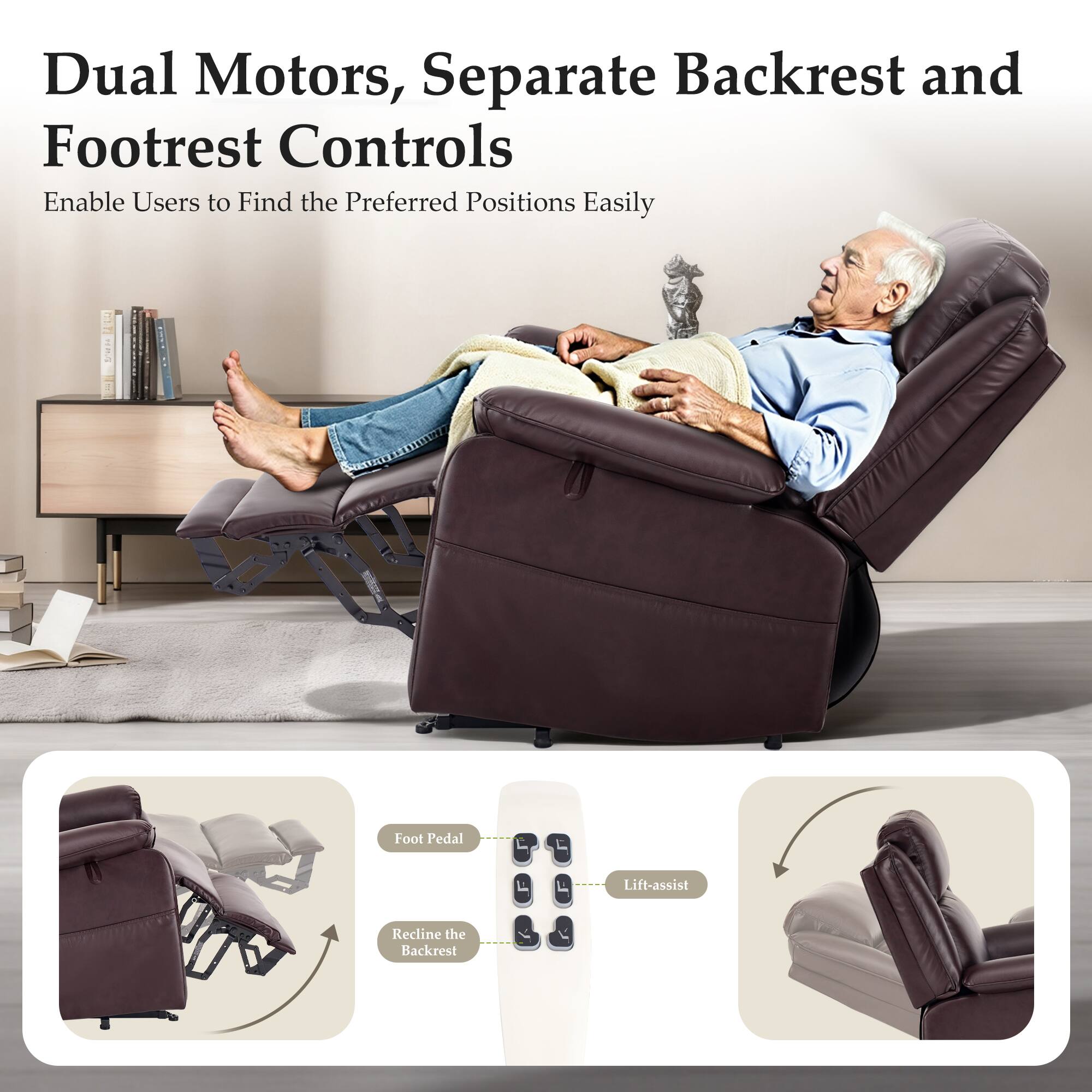 Dual Motors, Separate Backrest and Footrest Controls  
Enable Users to Find the Preferred Positions Easily  

Foot Pedal Lift-assist Recline the Backrest