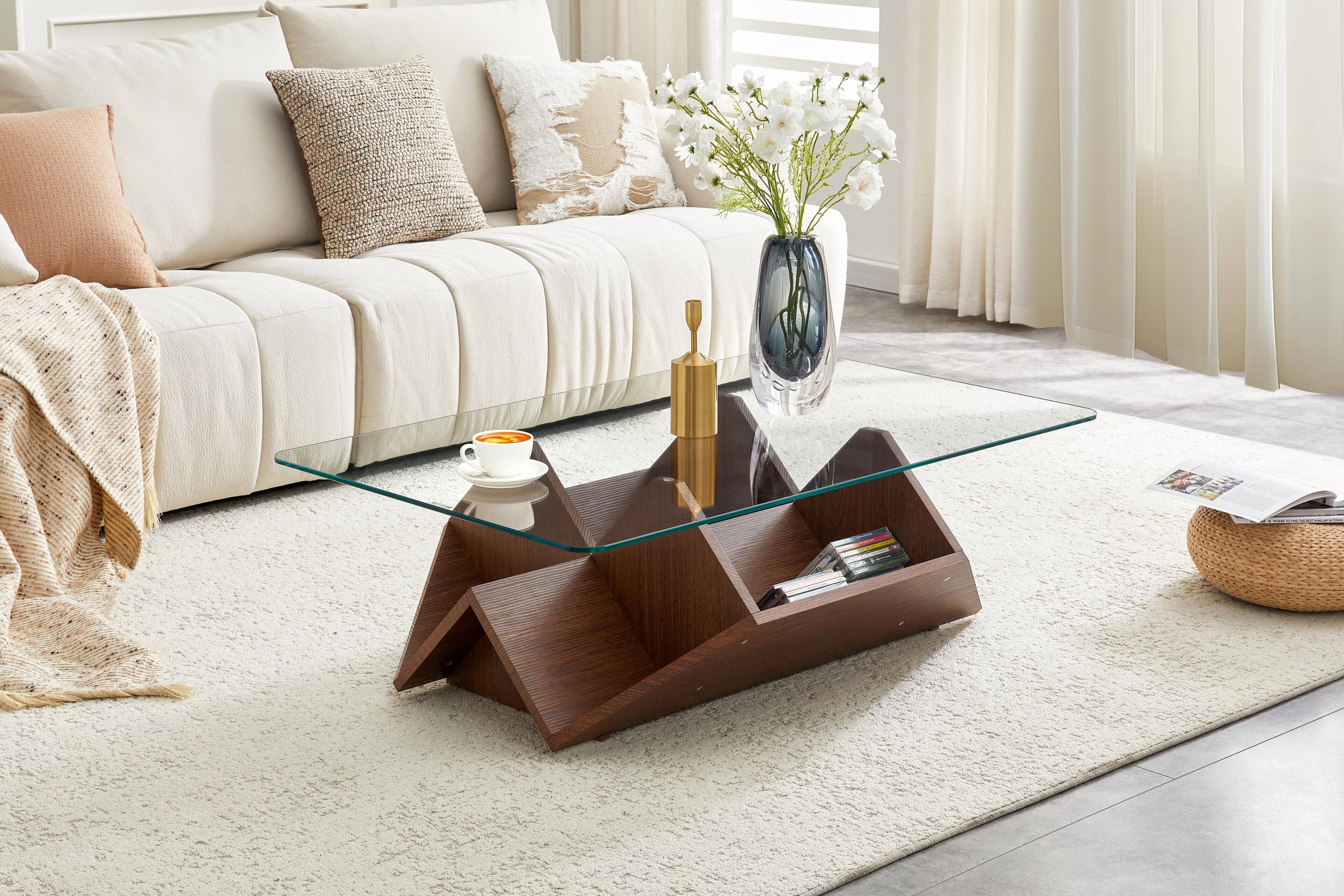 Front. Loheer - Loheer- Walnut Glass Top Coffee Table Modern Living Room Storage 3.6x2.3x1.15 Ft - Walnut.